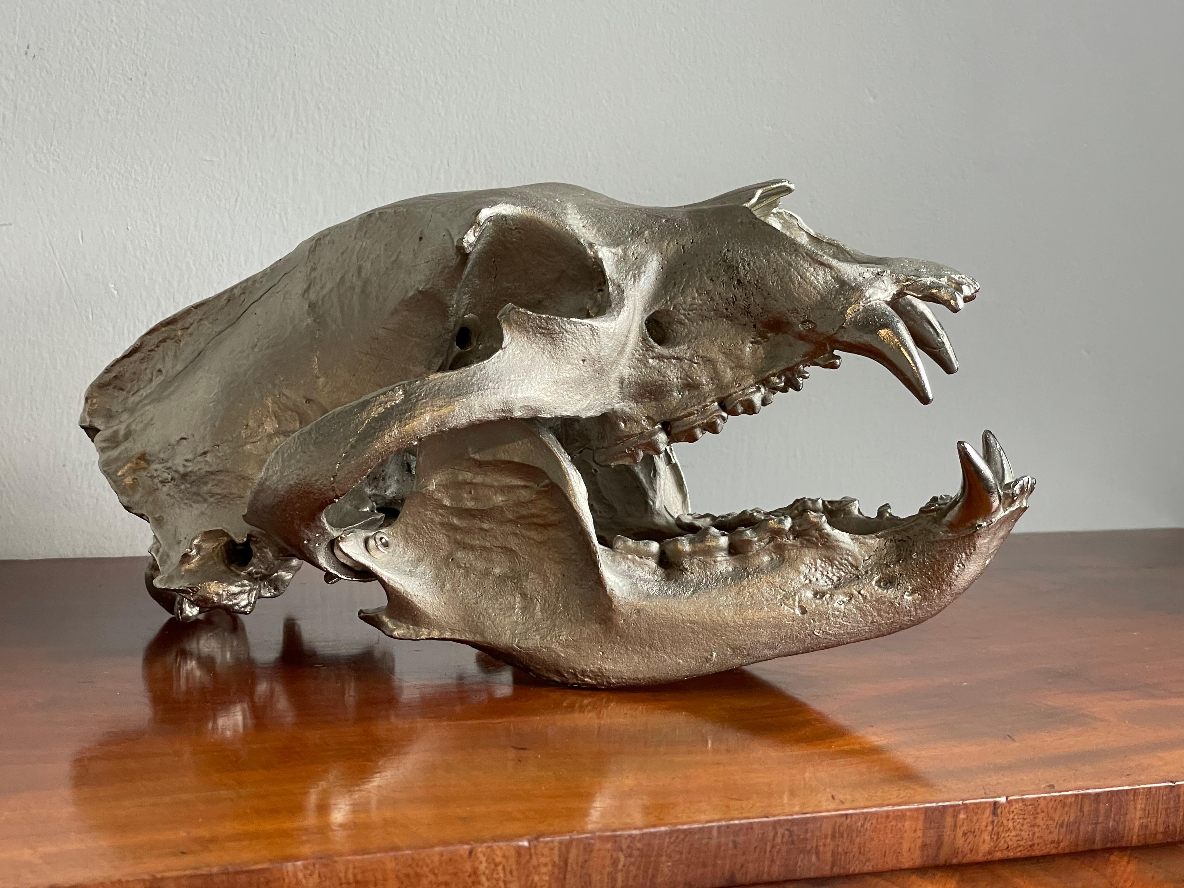 Cast Decorative & Top Quality Made, Matt Chrome Painted Bronze Bear Skull Sculpture For Sale