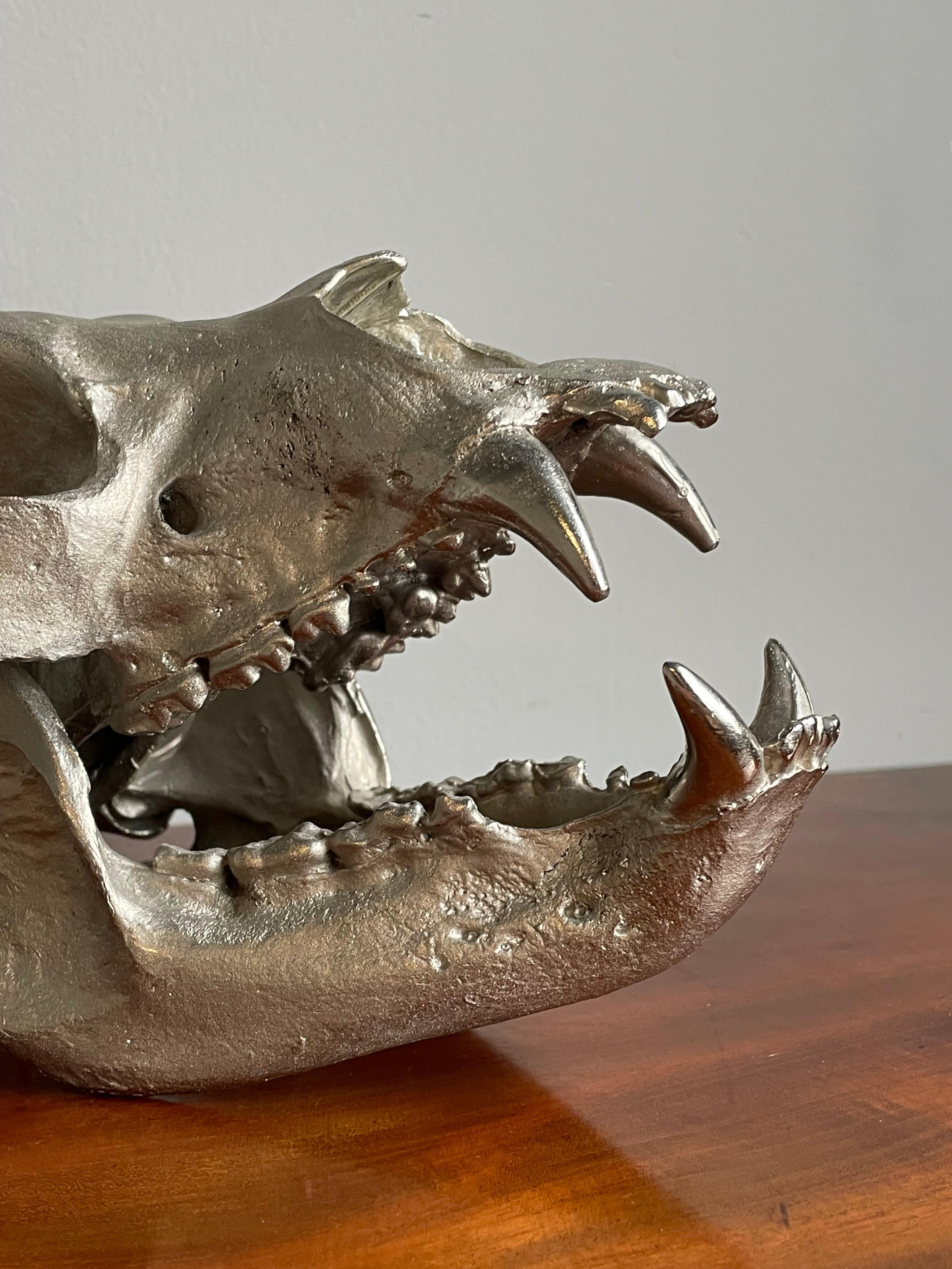 Decorative & Top Quality Made, Matt Chrome Painted Bronze Bear Skull Sculpture In Excellent Condition For Sale In Lisse, NL