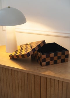 Decorative Treasure Box with Brown Beige Checkerboard Straw Marquetry Artisanal