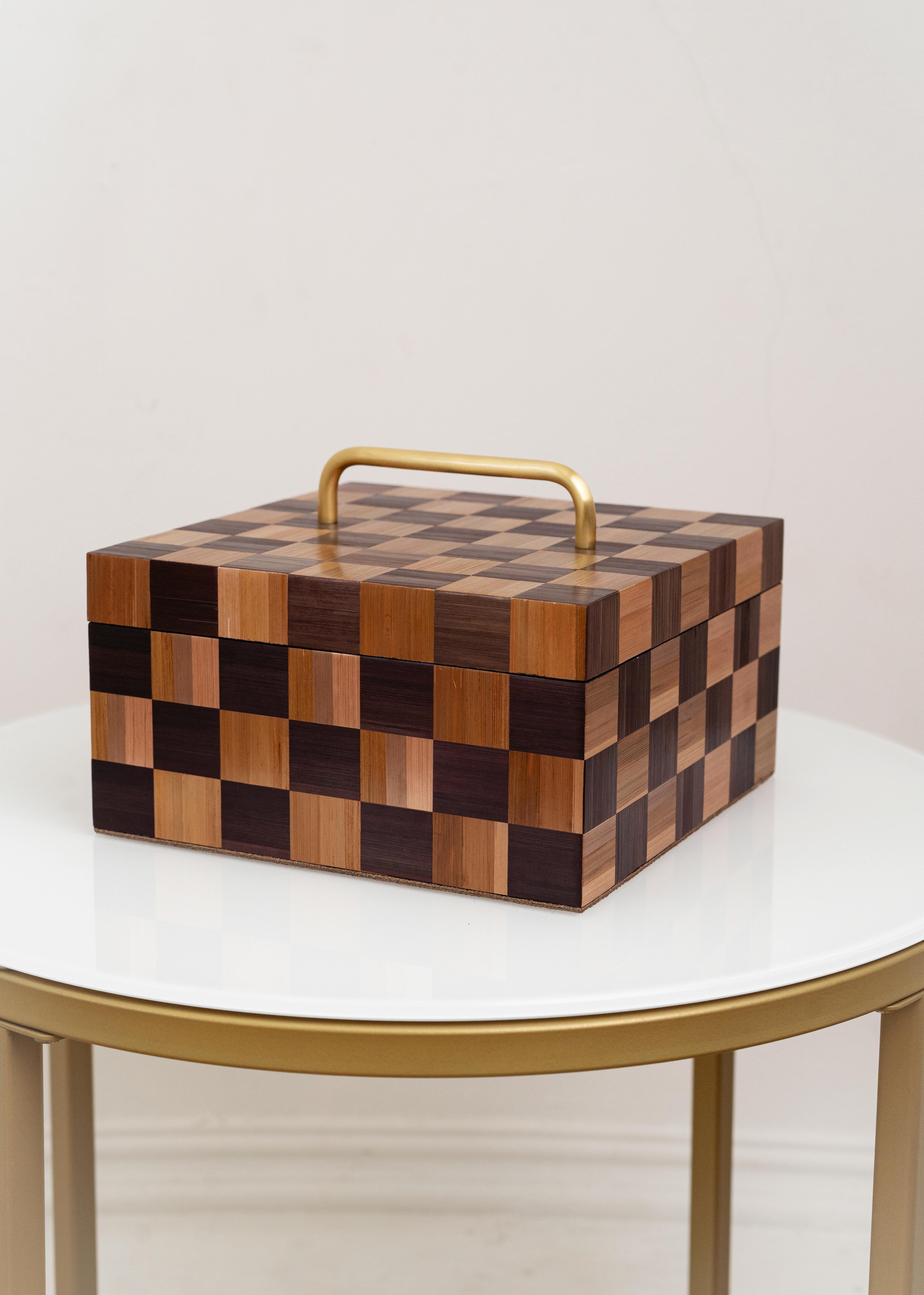 Caja del Tesoro Decorativa con Marquetería de Paja Artesanal Beige Marrón a Cuadros Incrustación en venta