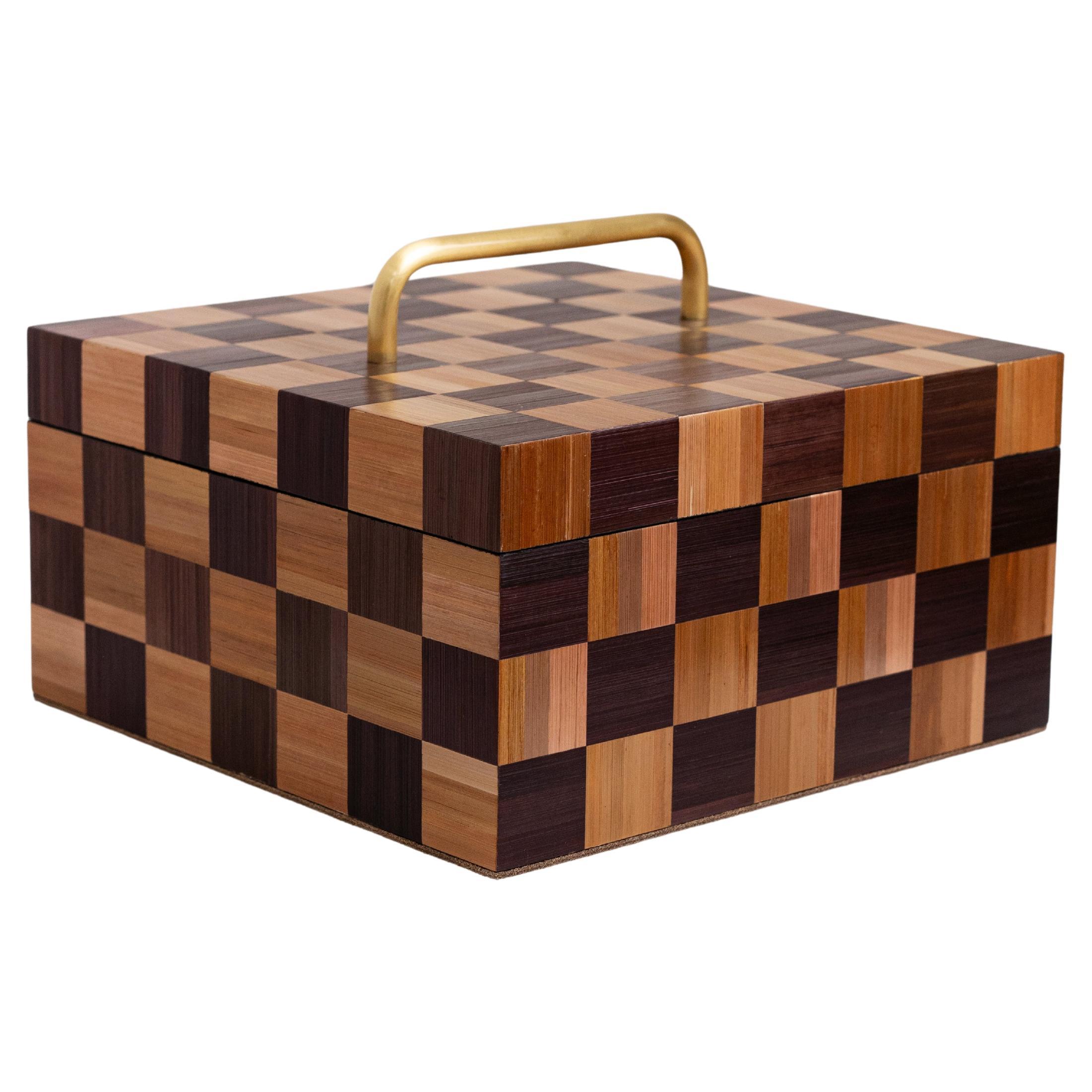 Caja del Tesoro Decorativa con Marquetería de Paja Artesanal Beige Marrón a Cuadros