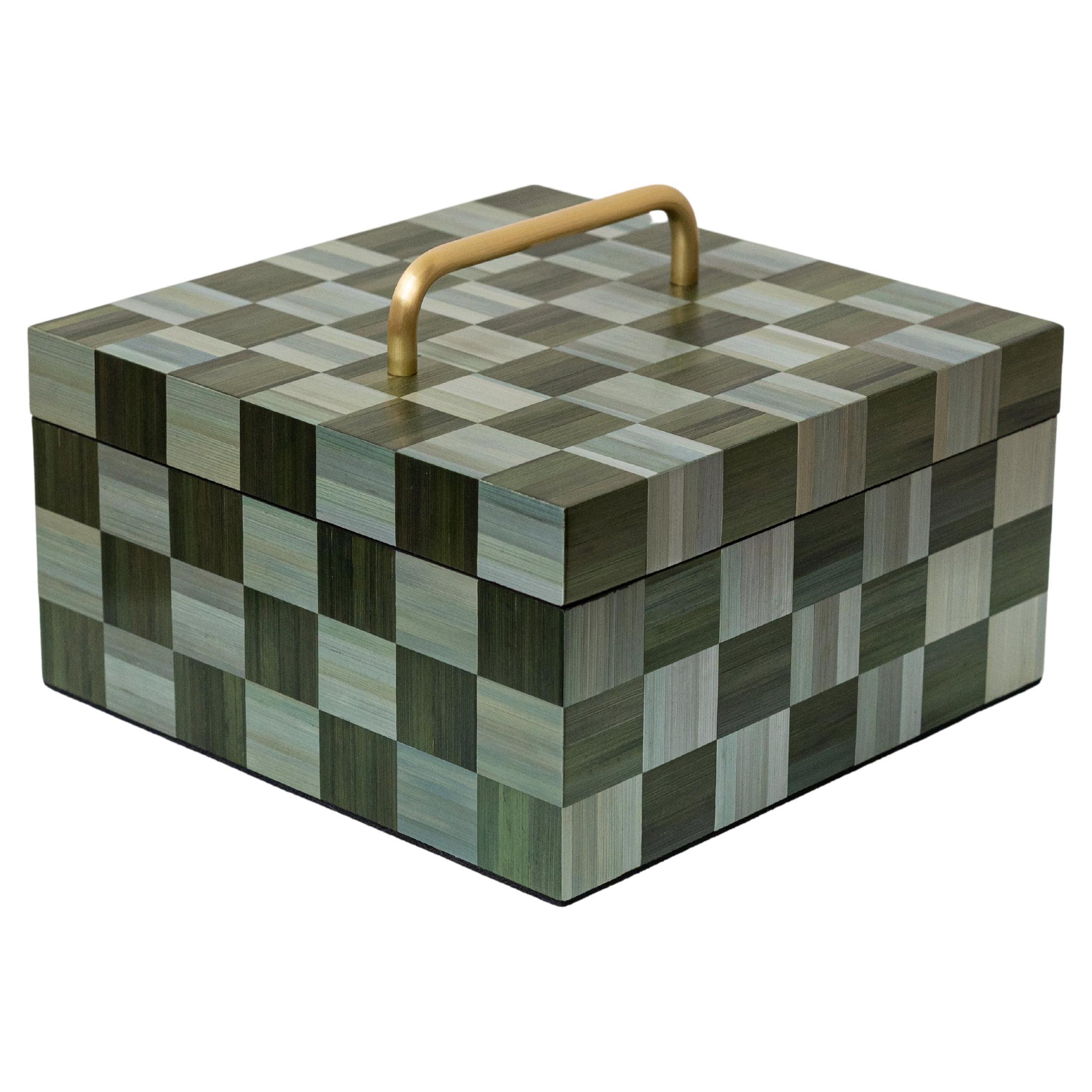 Caja del Tesoro Decorativa con Marquetería de Paja de Cuadros Verde Teal Artesanal
