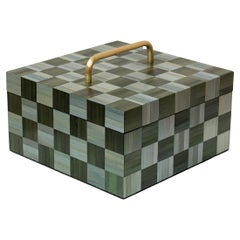 Decorative Treasure Box with Green Teal Checkerboard Straw Marquetry Artisanal