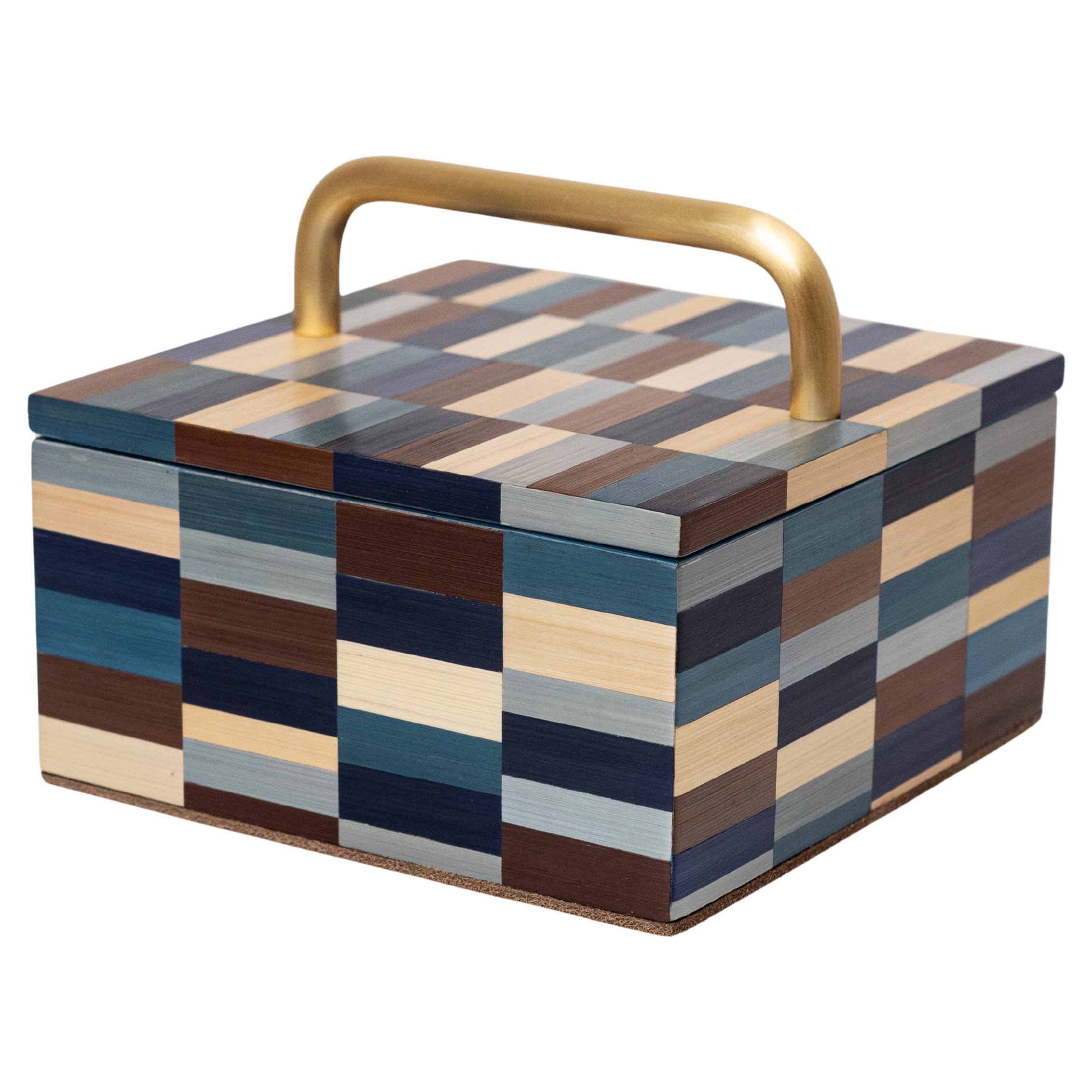 Caja del Tesoro Decorativa con Incrustación de Marquetería de Paja de Color Frío Hecha a Mano