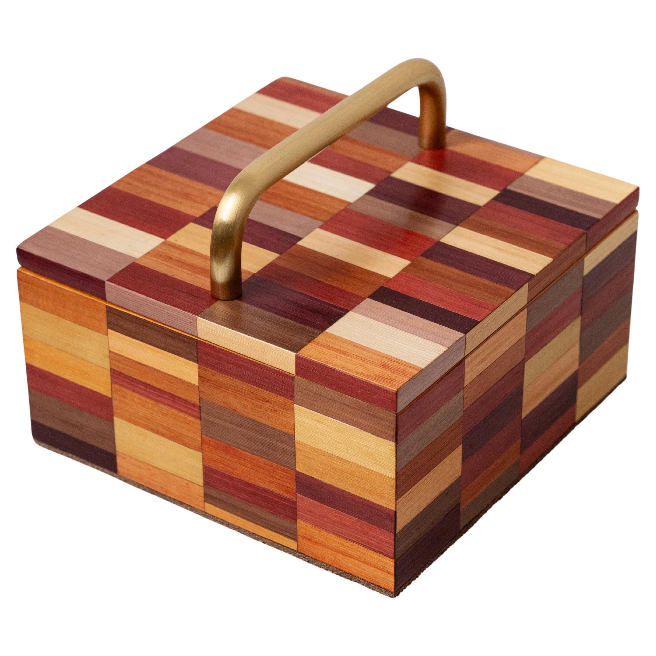 Caja del Tesoro Decorativa con Incrustación de Marquetería de Paja de Color Cálido Hecha a Mano