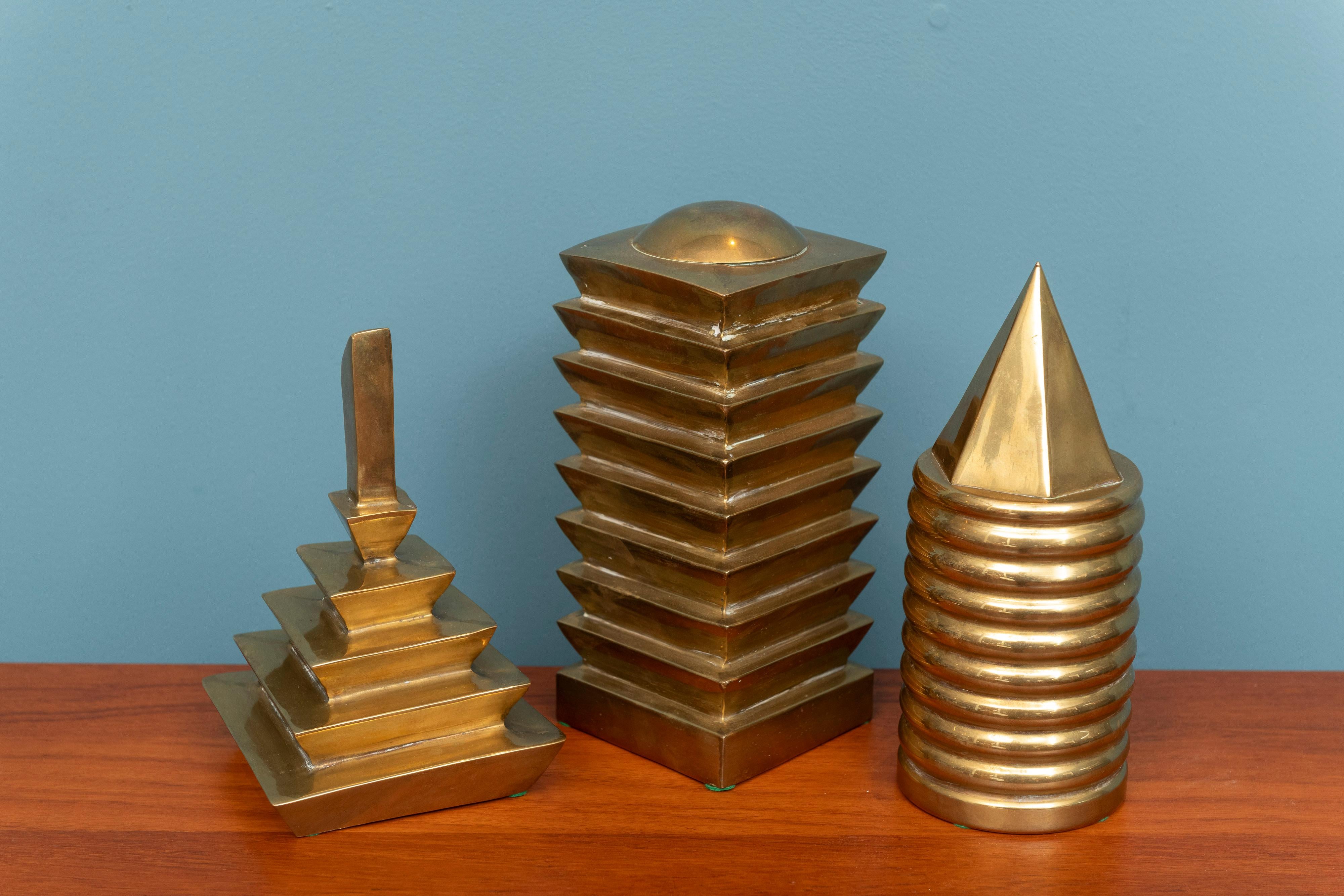 Hollywood Regency Decorative Trio of Geometric Brass Objects For Sale