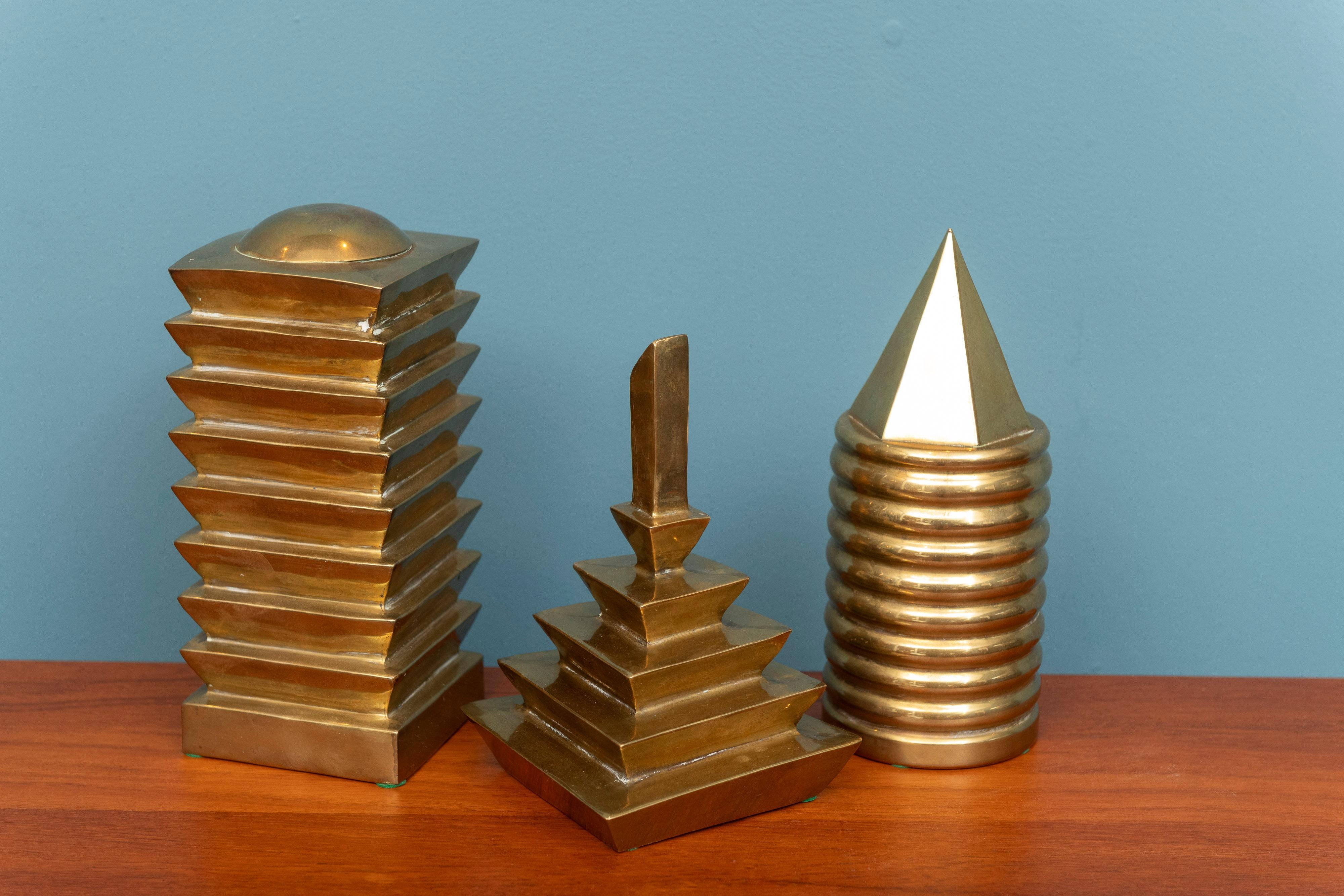 Indian Decorative Trio of Geometric Brass Objects For Sale