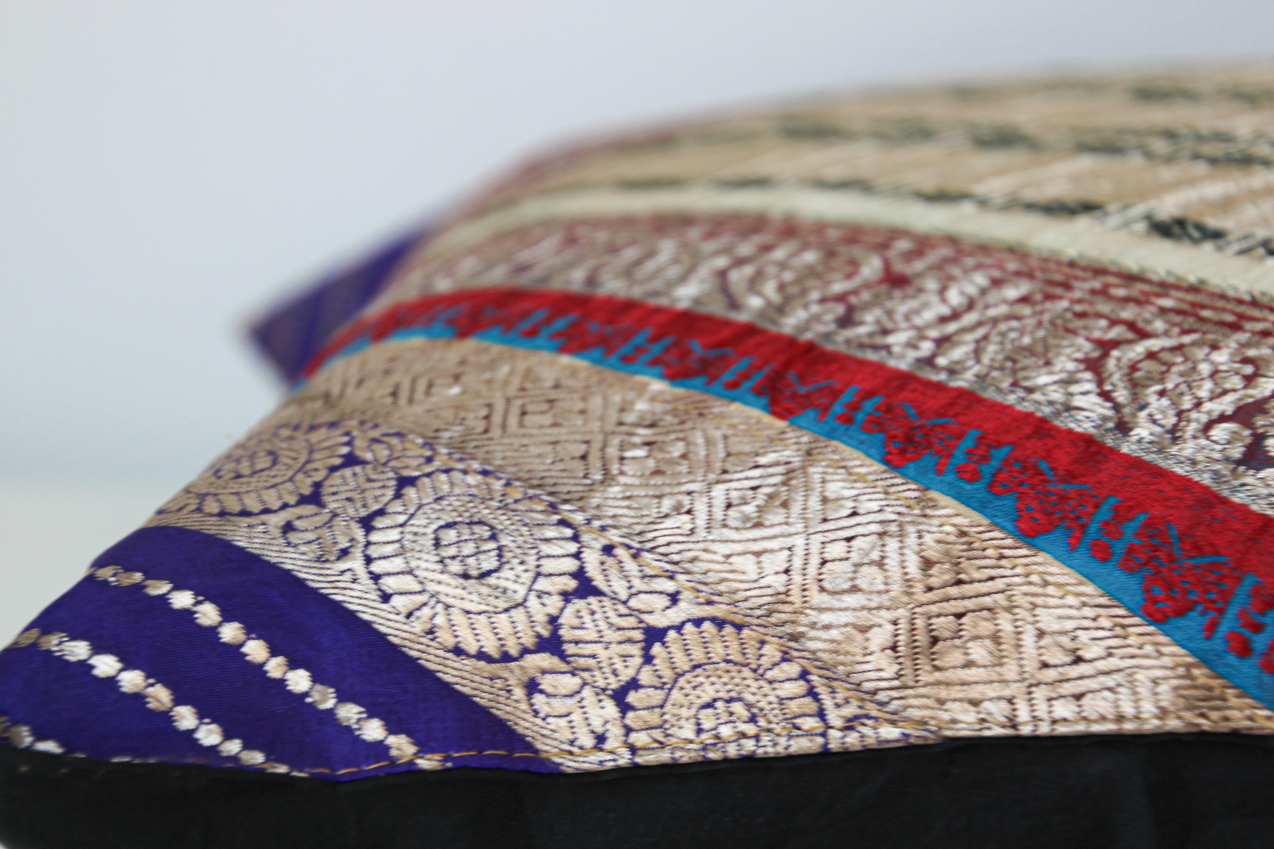 Fabric Decorative Trow Pillow Made from Vintage Sari Borders, India For Sale