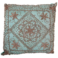 Decorative Turquoise Pillow Embellished with Sequins and Beads