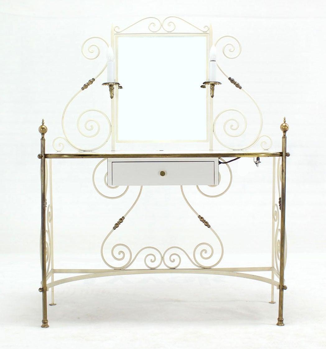 American Decorative Vanity Dressing Table Milk Glass Top Metal Scroll Brass Hardware MINT For Sale