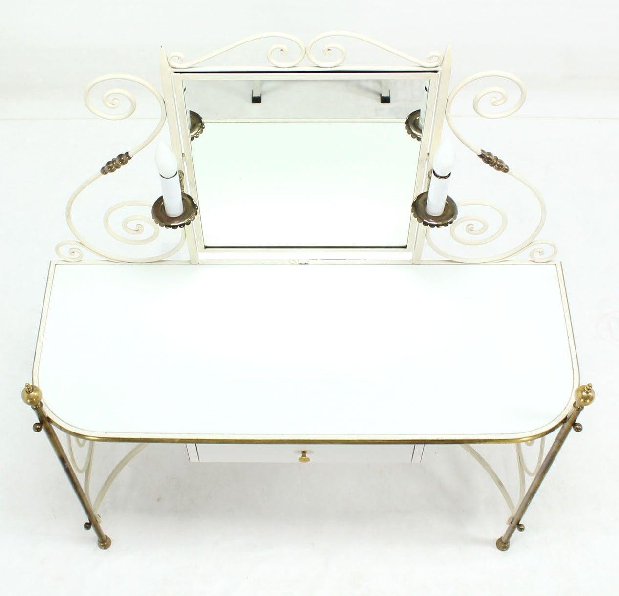 Decorative Vanity Dressing Table Milk Glass Top Metal Scroll Brass Hardware MINT In Excellent Condition For Sale In Rockaway, NJ