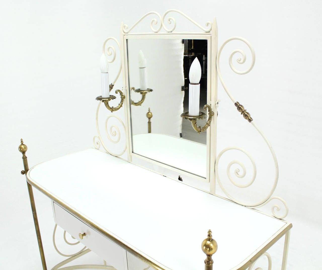 Decorative Vanity Dressing Table Milk Glass Top Metal Scroll Brass Hardware MINT For Sale 3