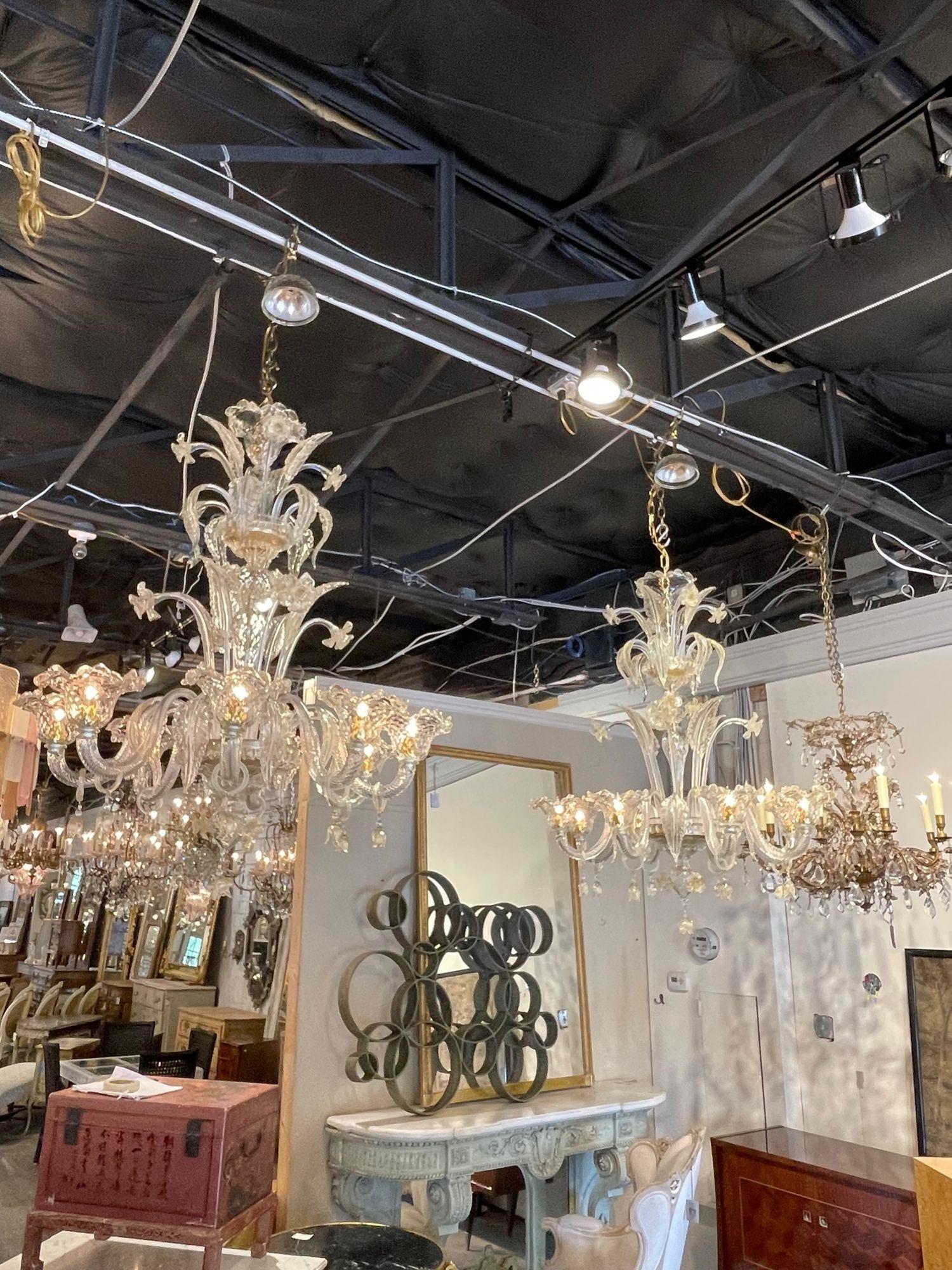 Decorative Venetian style Murano glass chandeliers. Featuring leaves and flowers and a touch of gold. Exquisite!!
Note: Price listed is for 1