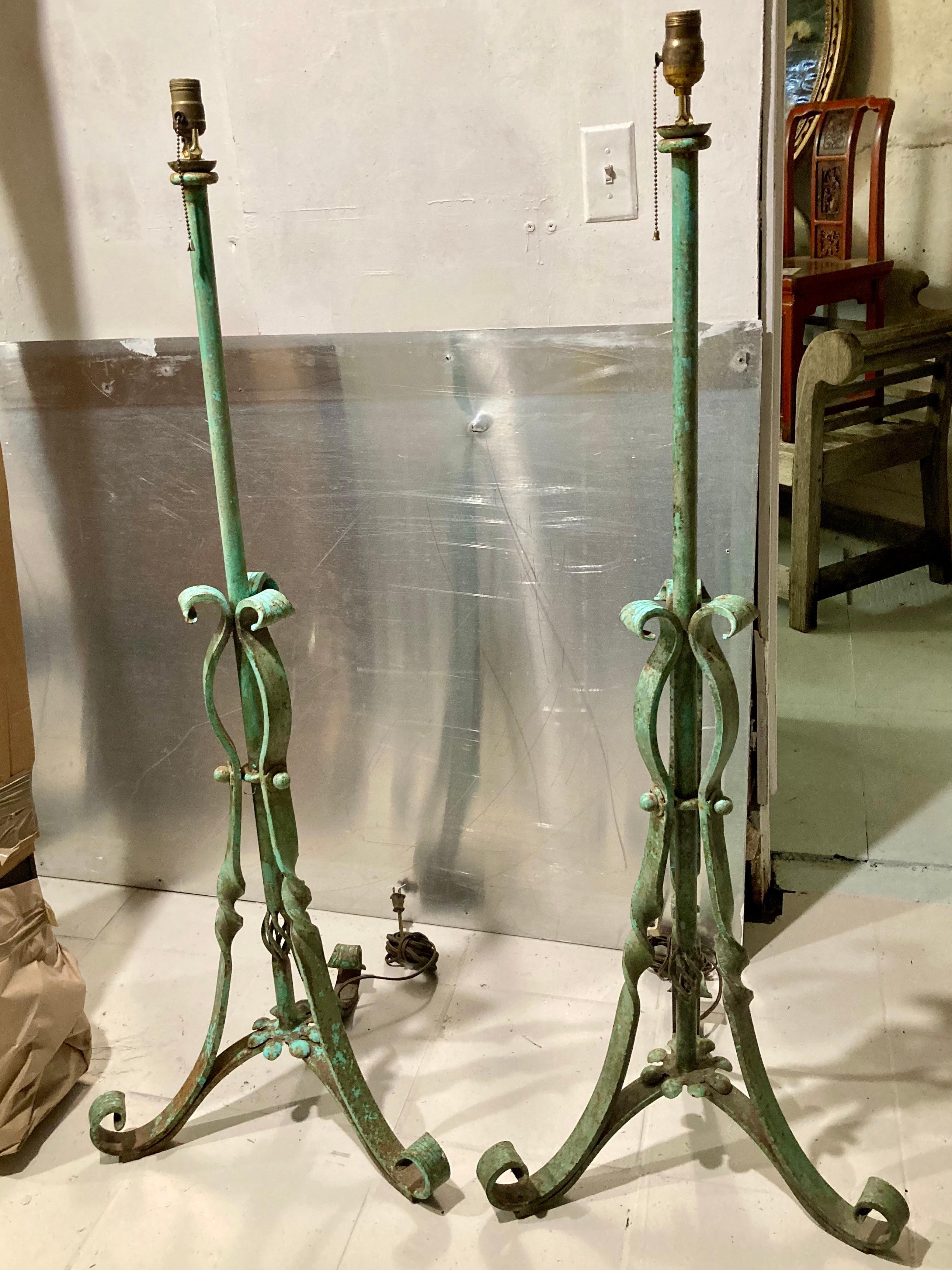 American Decorative Verdigris Iron Floor Lamps, a Pair For Sale