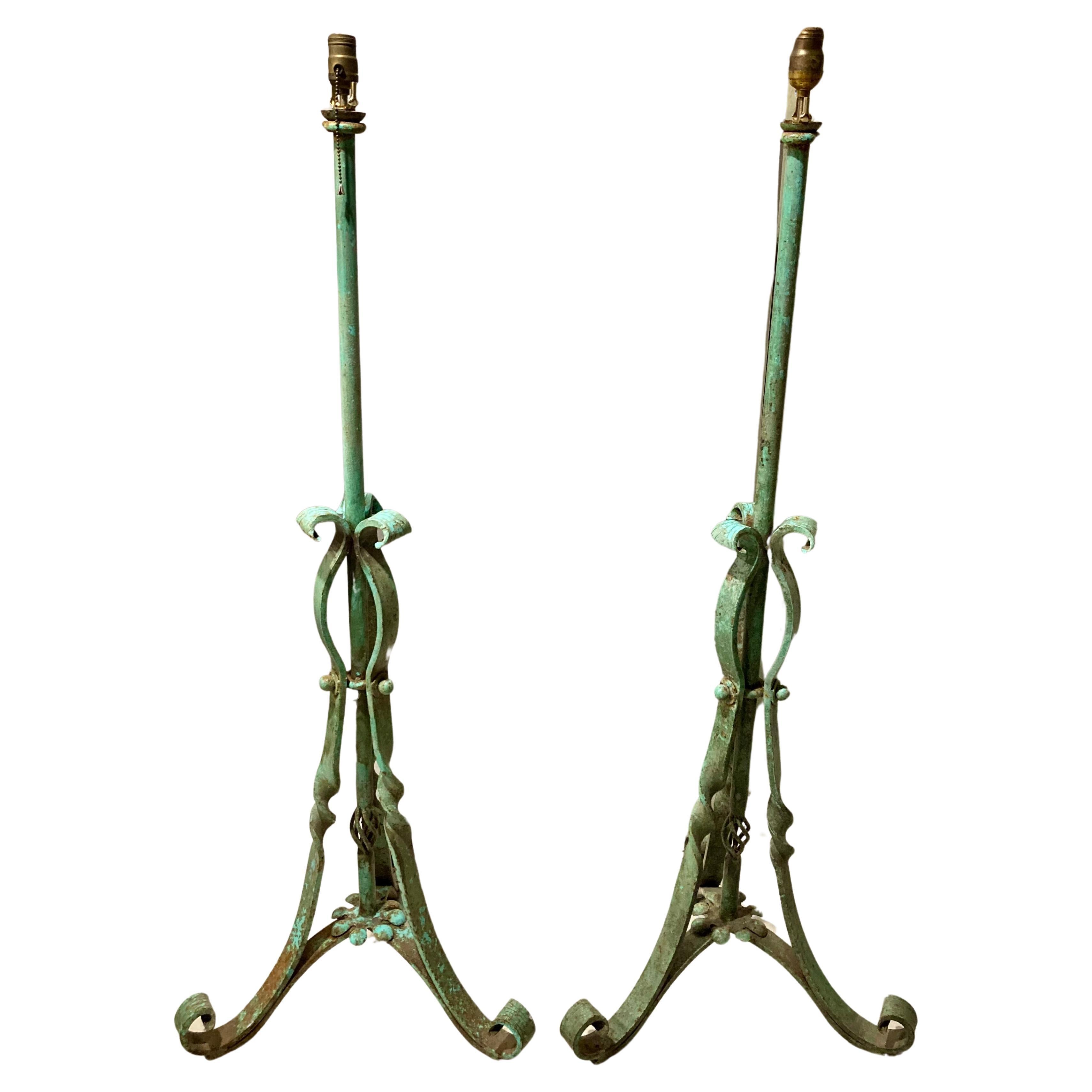 Decorative Verdigris Iron Floor Lamps, a Pair