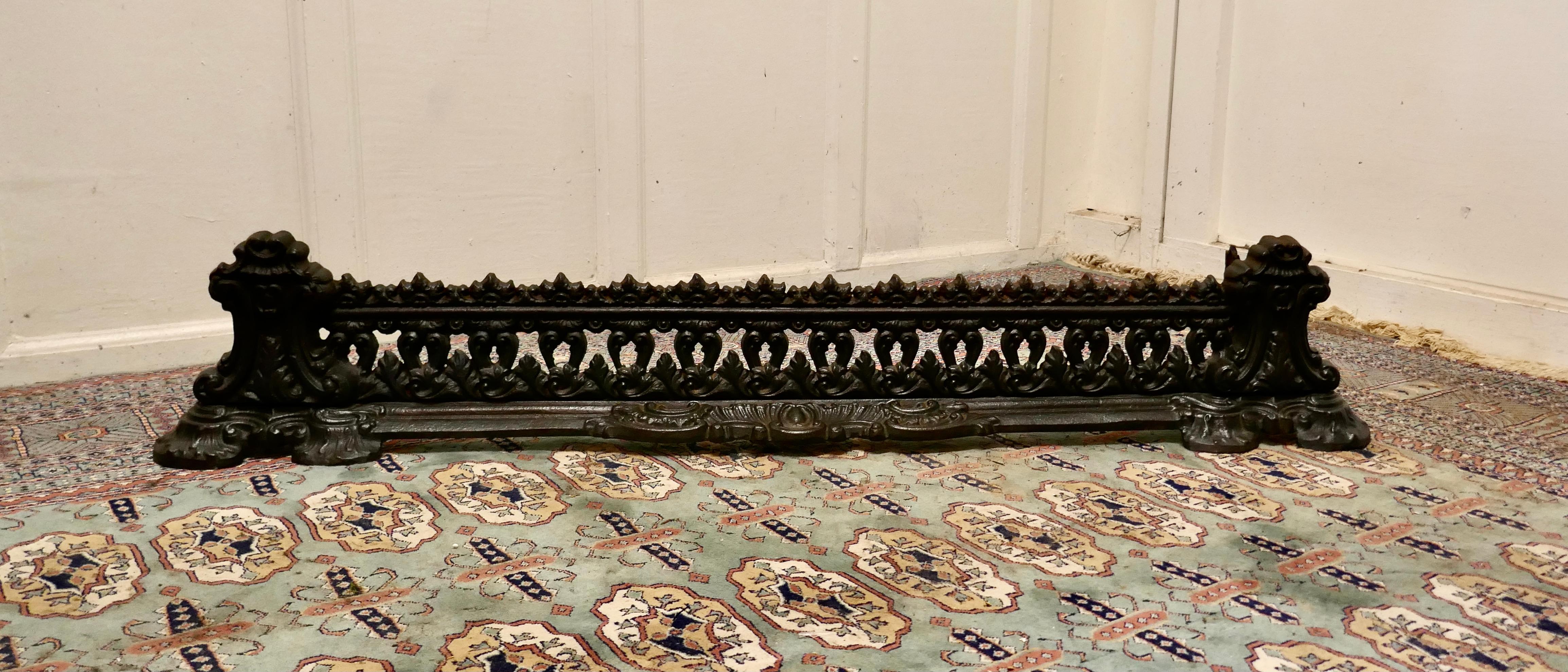 Decorative Victorian cast iron fender

This is a Beautifully Designed Victorian Fender it is best quality and very heavy, it is decorated with leaves and scrolls
The Fender is in good sound condition it is 9” high, 53” long and 13” deep 
TNV52.