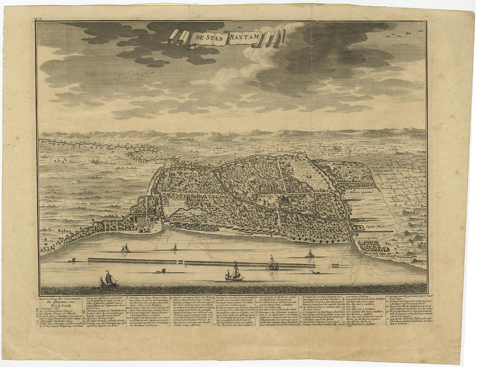Decorative town-view of the town of Bantam (Banten). In lower margin key a-z to the principal places in town. 

The Banten Sultanate was founded in the 16th century and centred in Banten, a port city on the northwest coast of Java; the