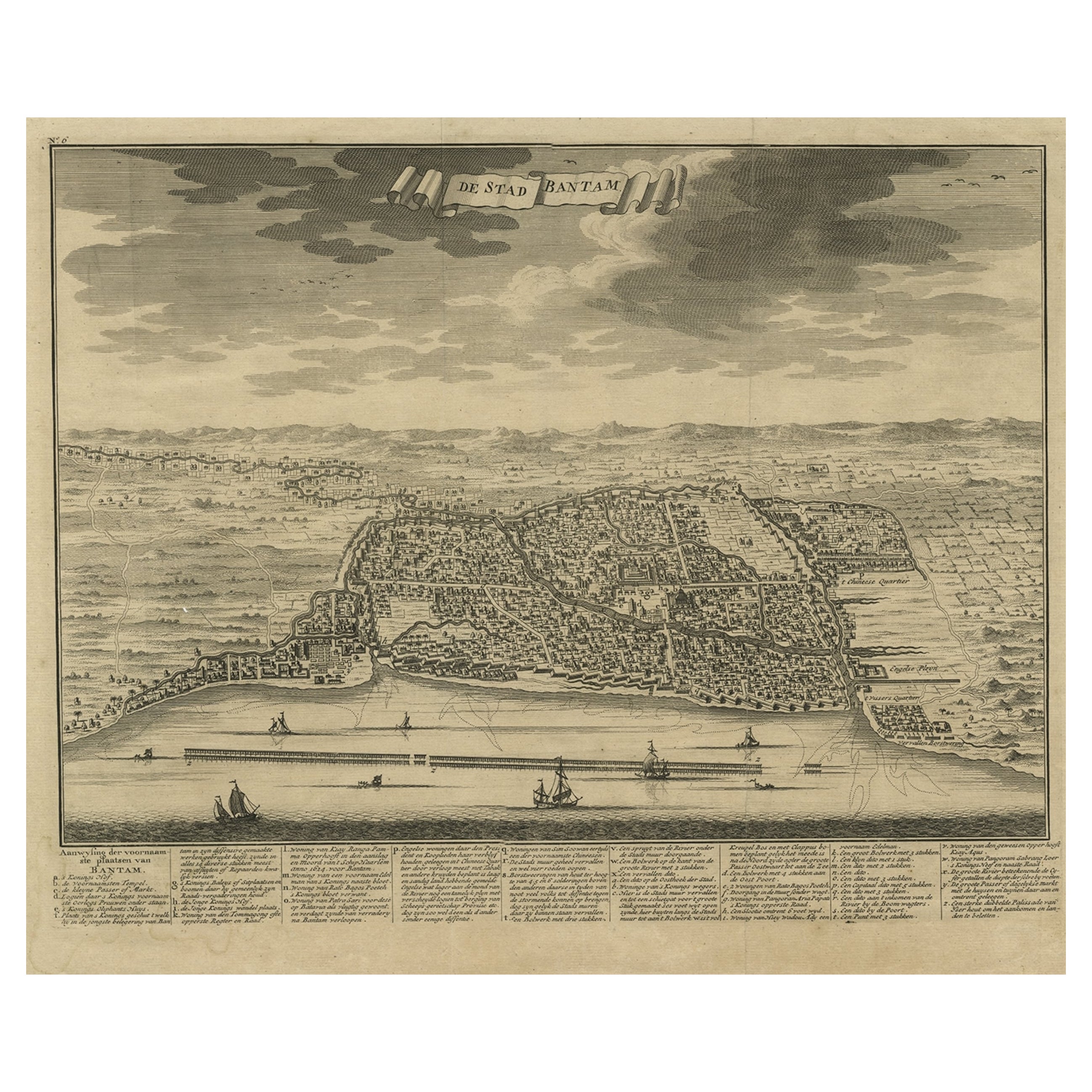 Veduta decorativa della città indonesiana di Bantam 'Banten', Giava, 1726