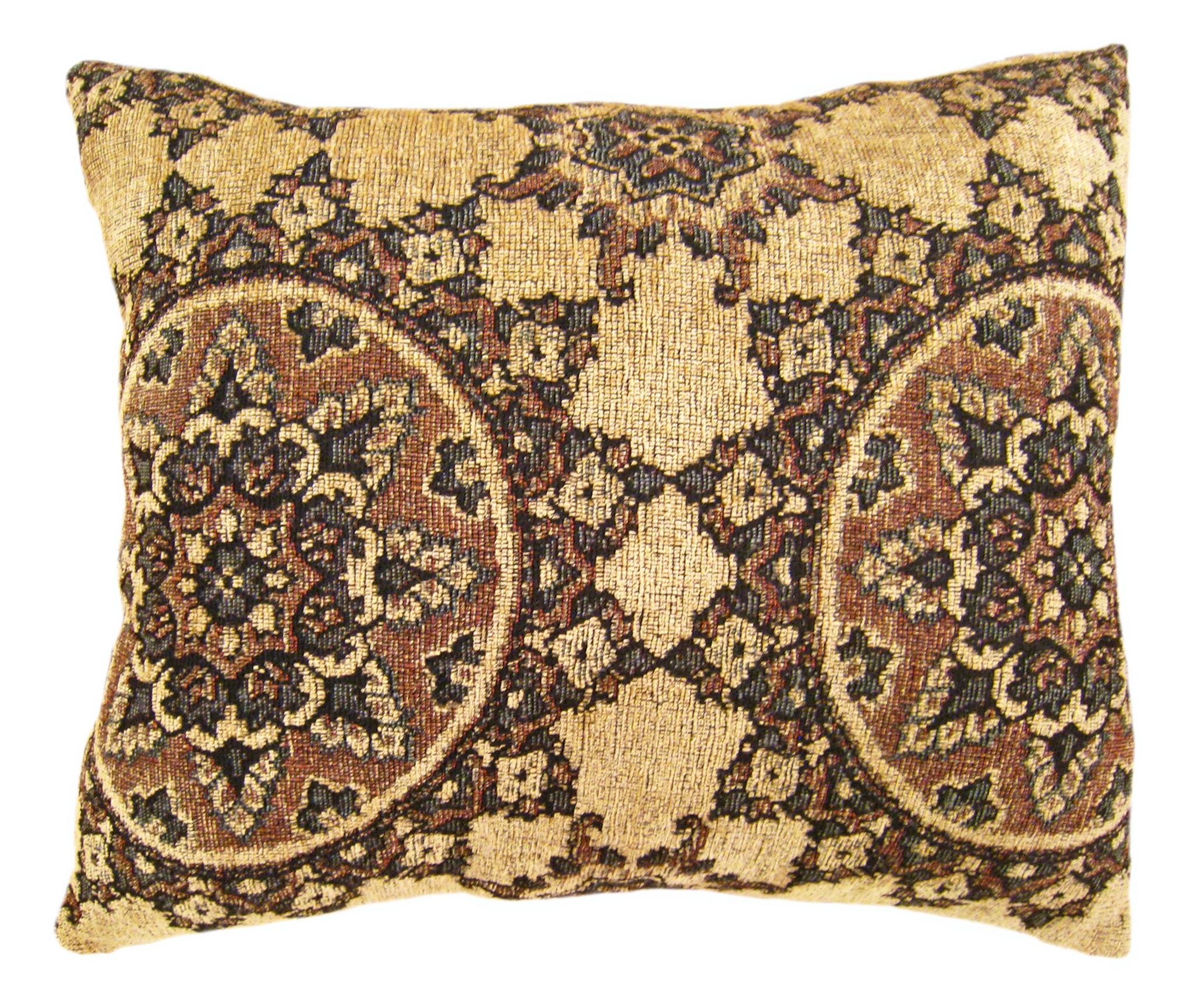 Vintage American taperstry circle rug pillow; size 20” x 18”.

A vintage decorative pillow with circles design motif in a brown central field, size 20” x 18”. This lovely decorative pillow features an antique rug on front which is characterized by