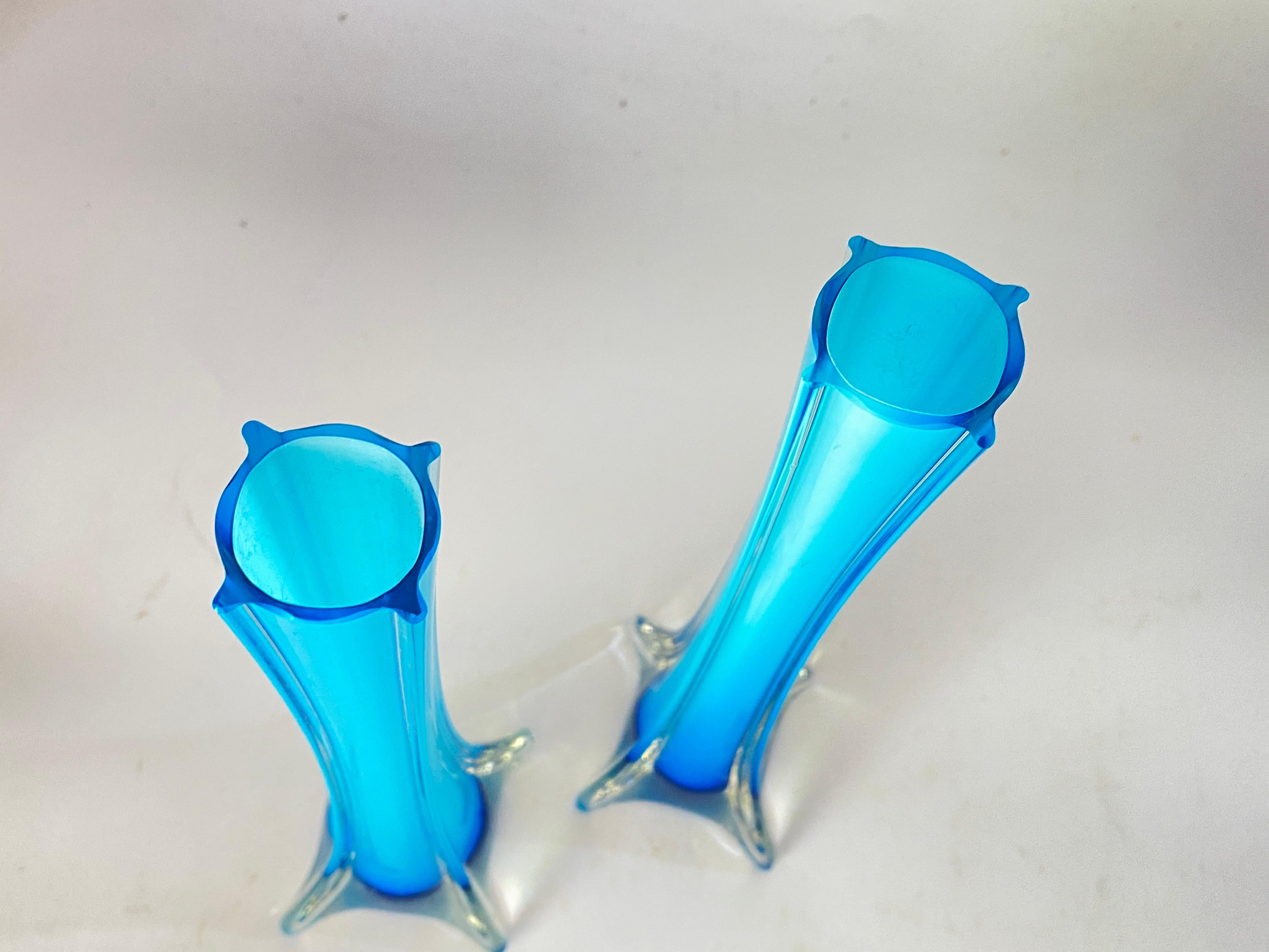 Decorative Vintage Blue Glass Sliflore Vase in Glass France circa 1960 Set of 2 In Good Condition For Sale In Auribeau sur Siagne, FR