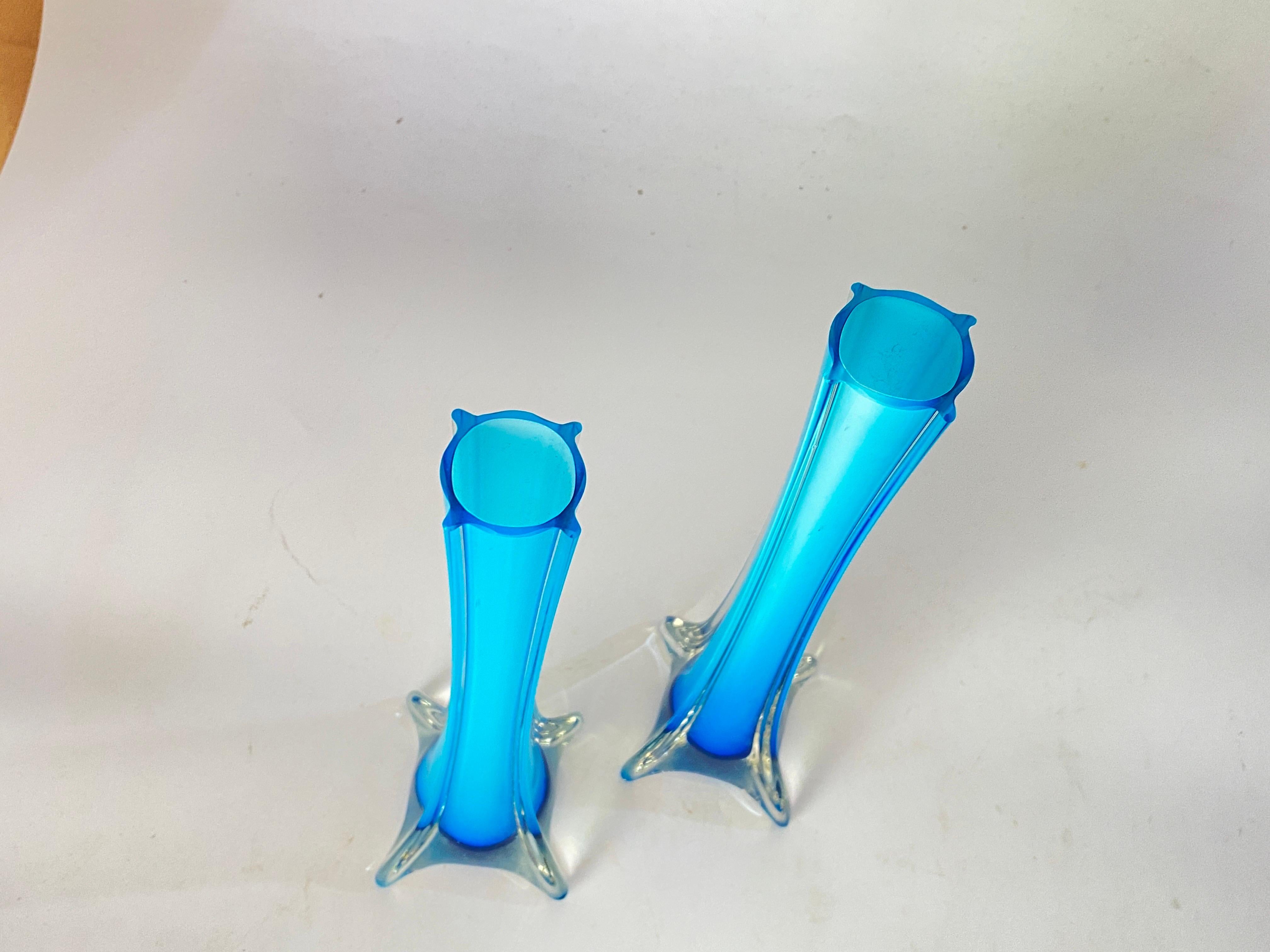 Mid-20th Century Decorative Vintage Blue Glass Sliflore Vase in Glass France circa 1960 Set of 2 For Sale