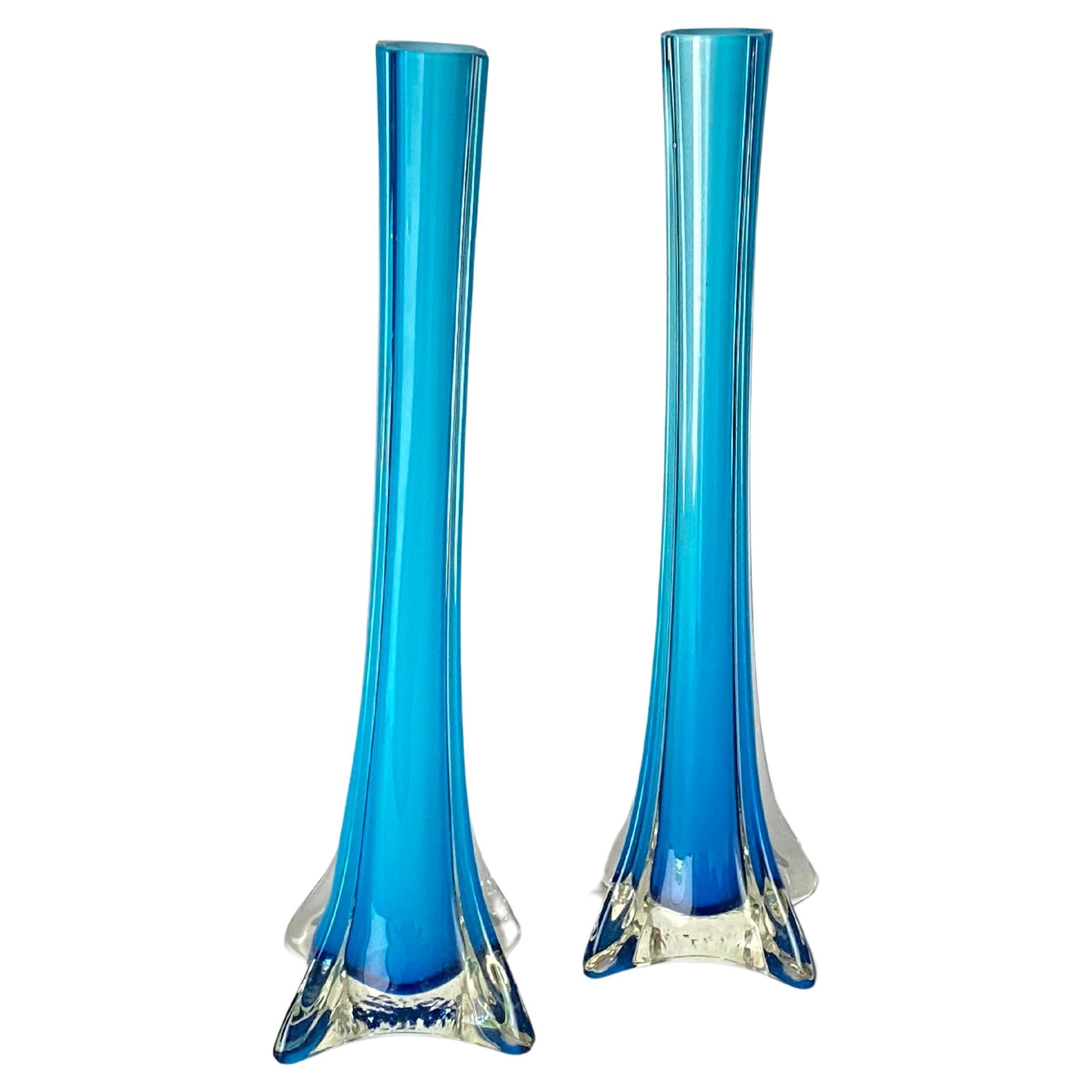 Decorative Vintage Blue Glass Sliflore Vase in Glass France circa 1960 Set of 2