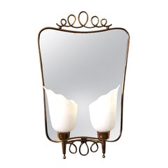 Decorative Vintage Brass Mirror with Flower Shaped Glass Lights 1950s, Italy