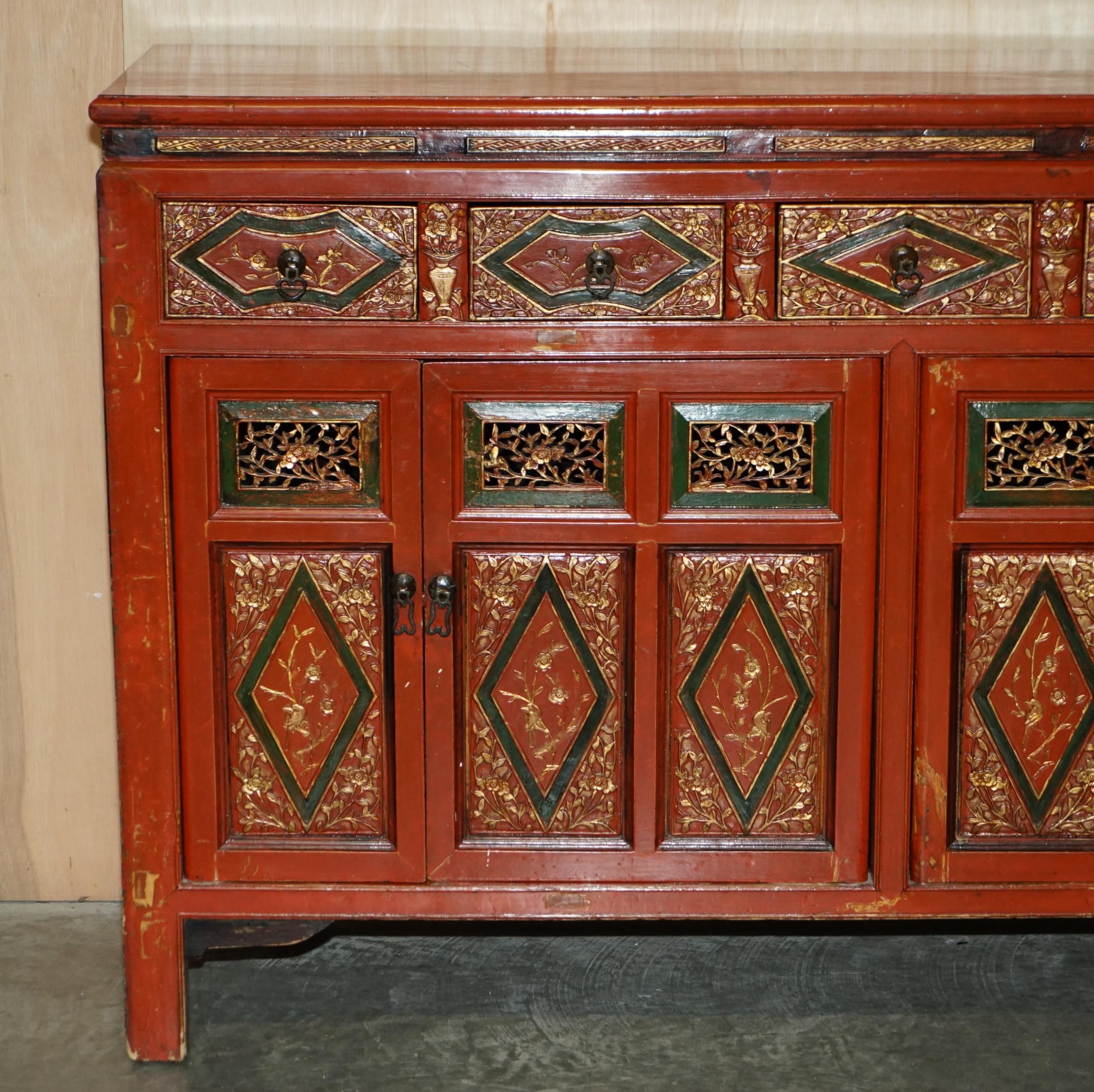 Chinese Export Decorative Vintage Chinese Gold Leaf Floral Painted and Lacquered Sideboard For Sale