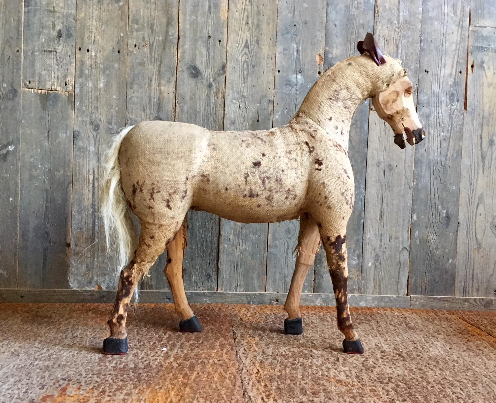 Arts and Crafts Decorative Vintage Horse in Worn Burlap, Leather and Wood