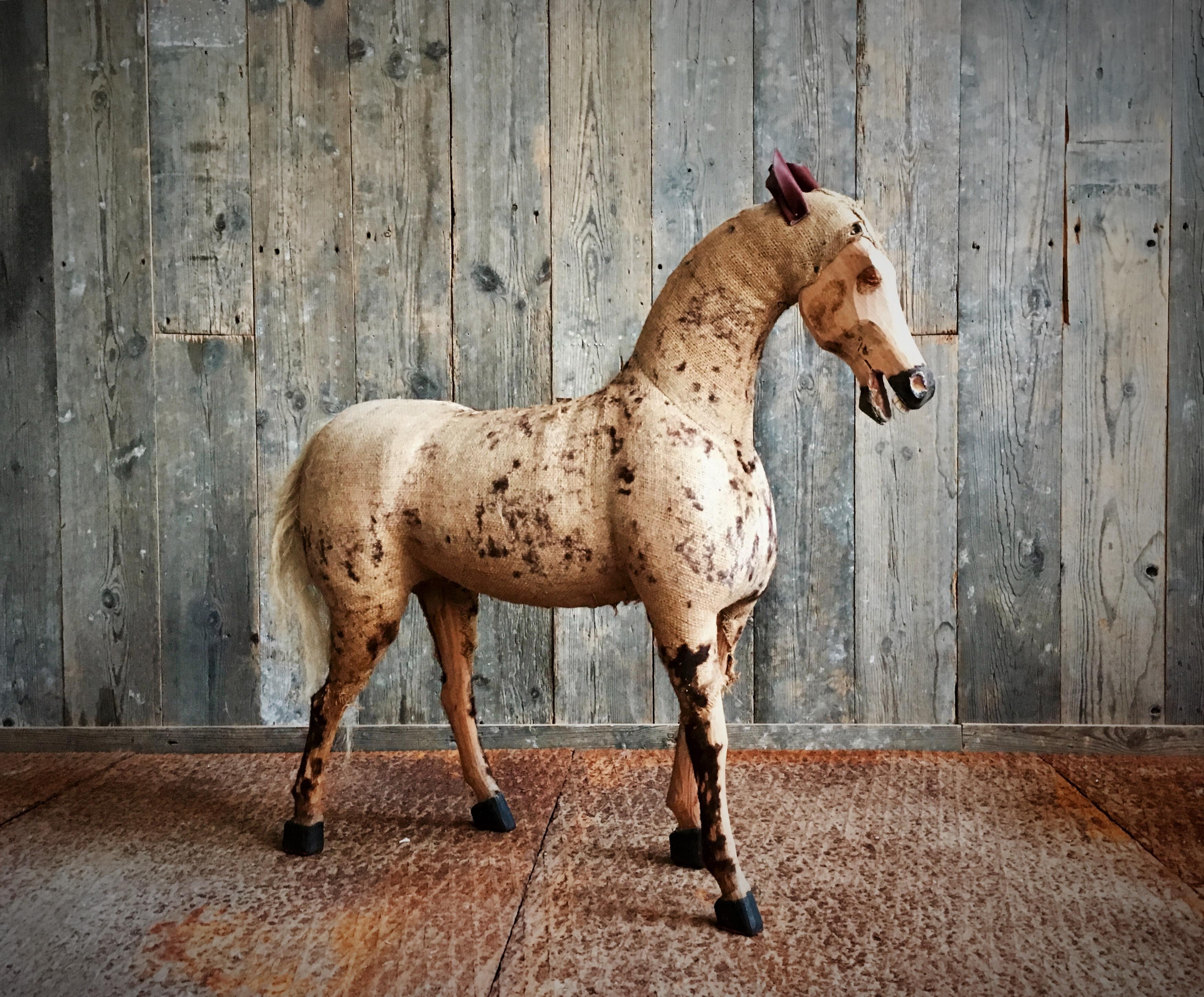 French Decorative Vintage Horse in Worn Burlap, Leather and Wood