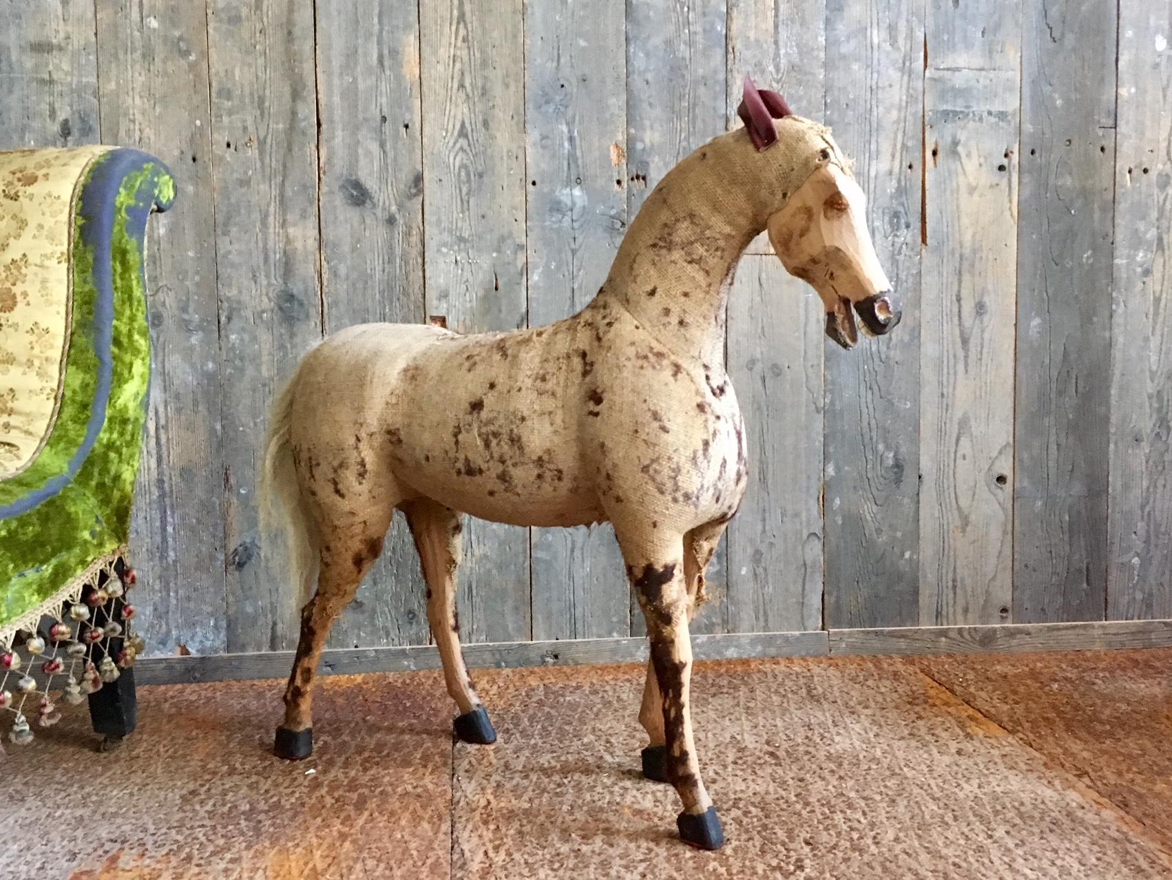 Decorative Vintage Horse in Worn Burlap, Leather and Wood In Fair Condition In Baambrugge, NL