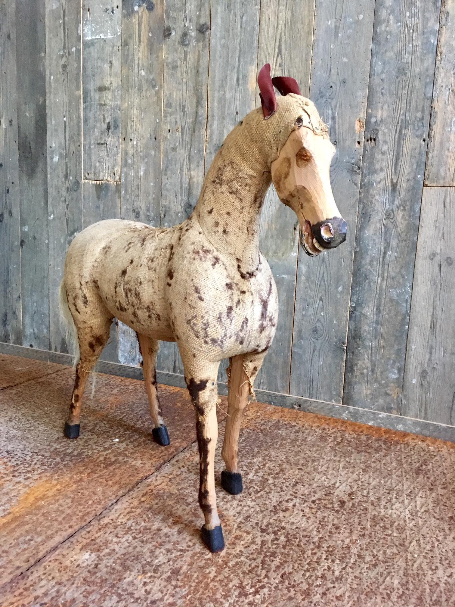 20th Century Decorative Vintage Horse in Worn Burlap, Leather and Wood