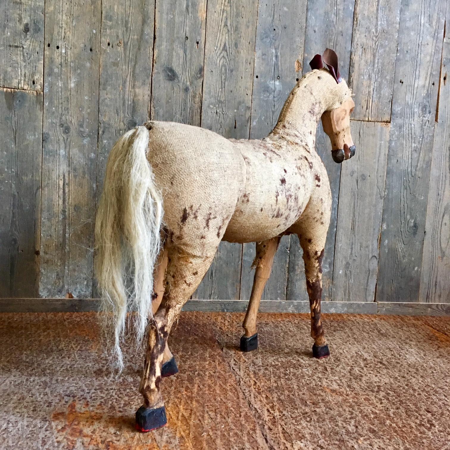 Decorative Vintage Horse in Worn Burlap, Leather and Wood 1