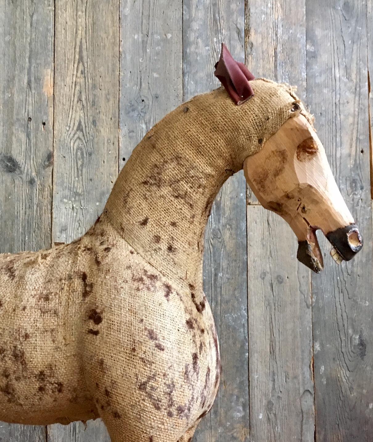 Decorative Vintage Horse in Worn Burlap, Leather and Wood 2