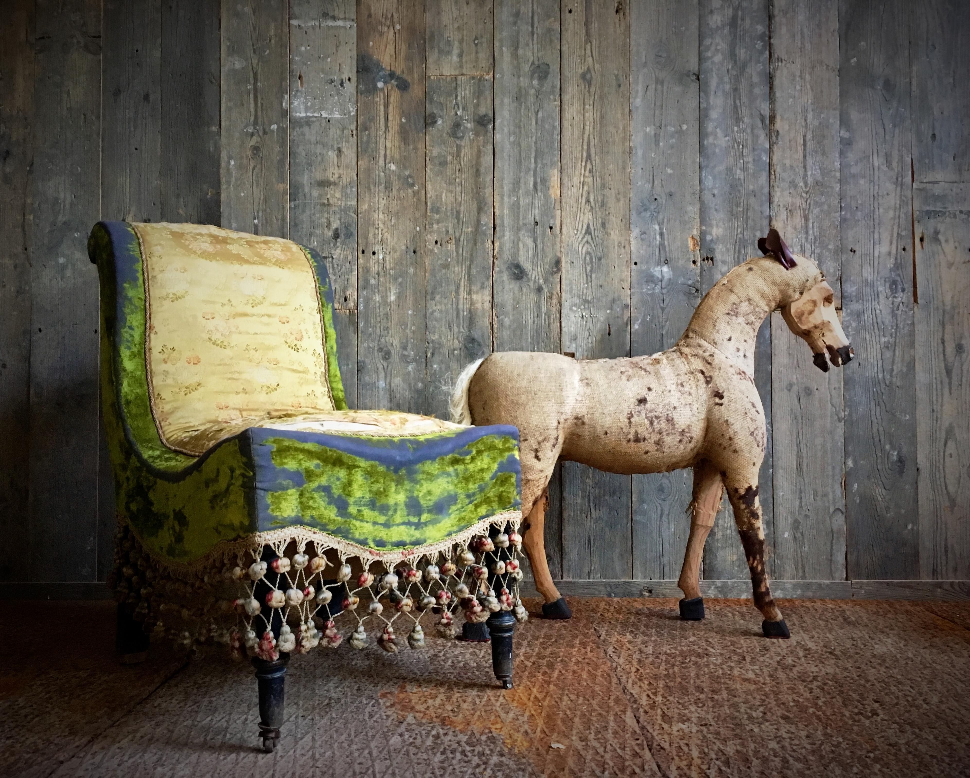 Decorative Vintage Horse in Worn Burlap, Leather and Wood 3