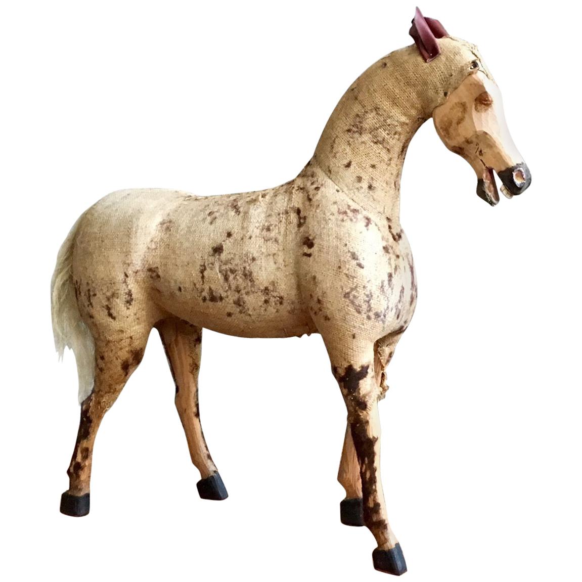 Decorative Vintage Horse in Worn Burlap, Leather and Wood