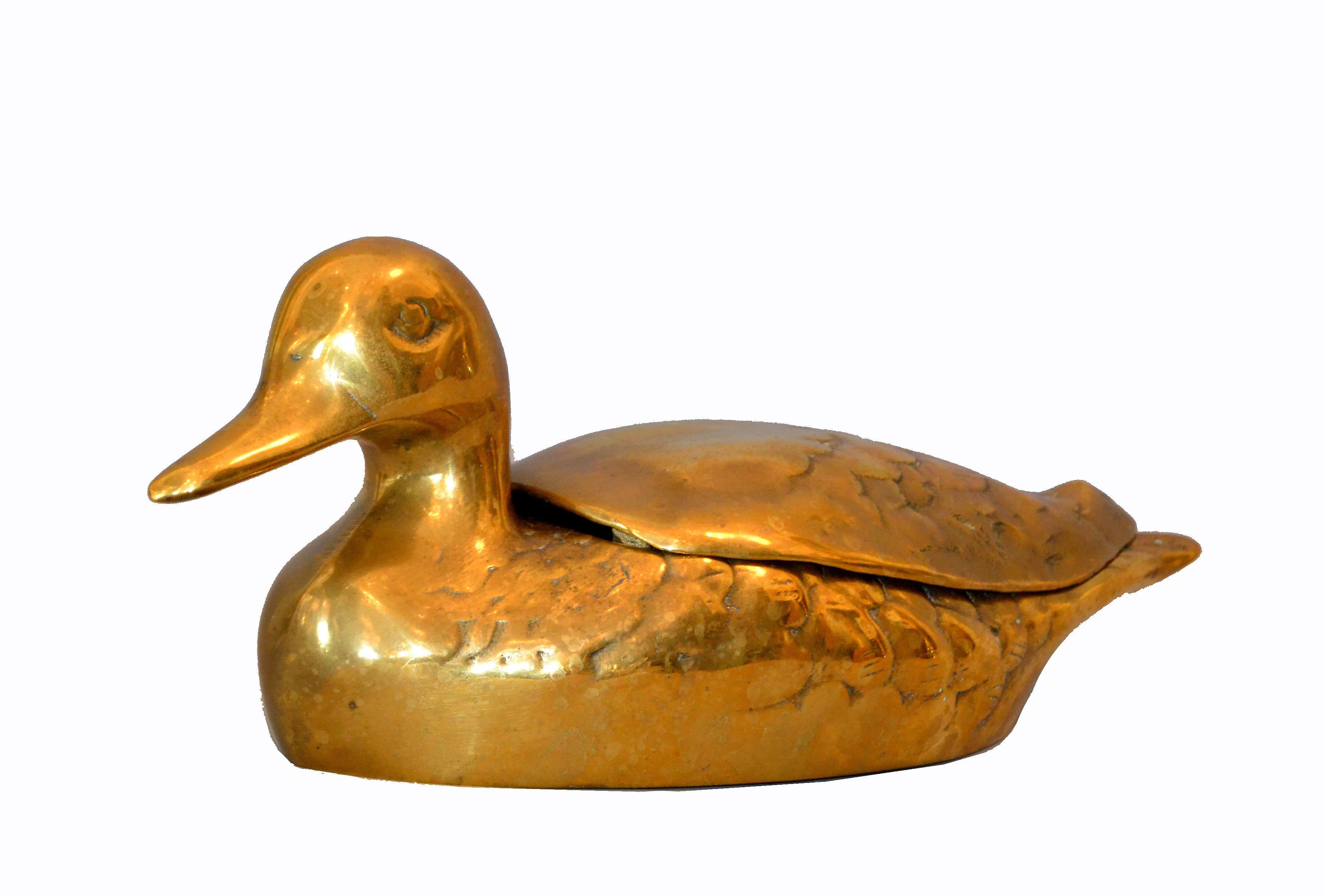 Mid-Century Modern Decorative Vintage Lidded Cast Brass Duck Box, Jewelry Box, Desk Accessory