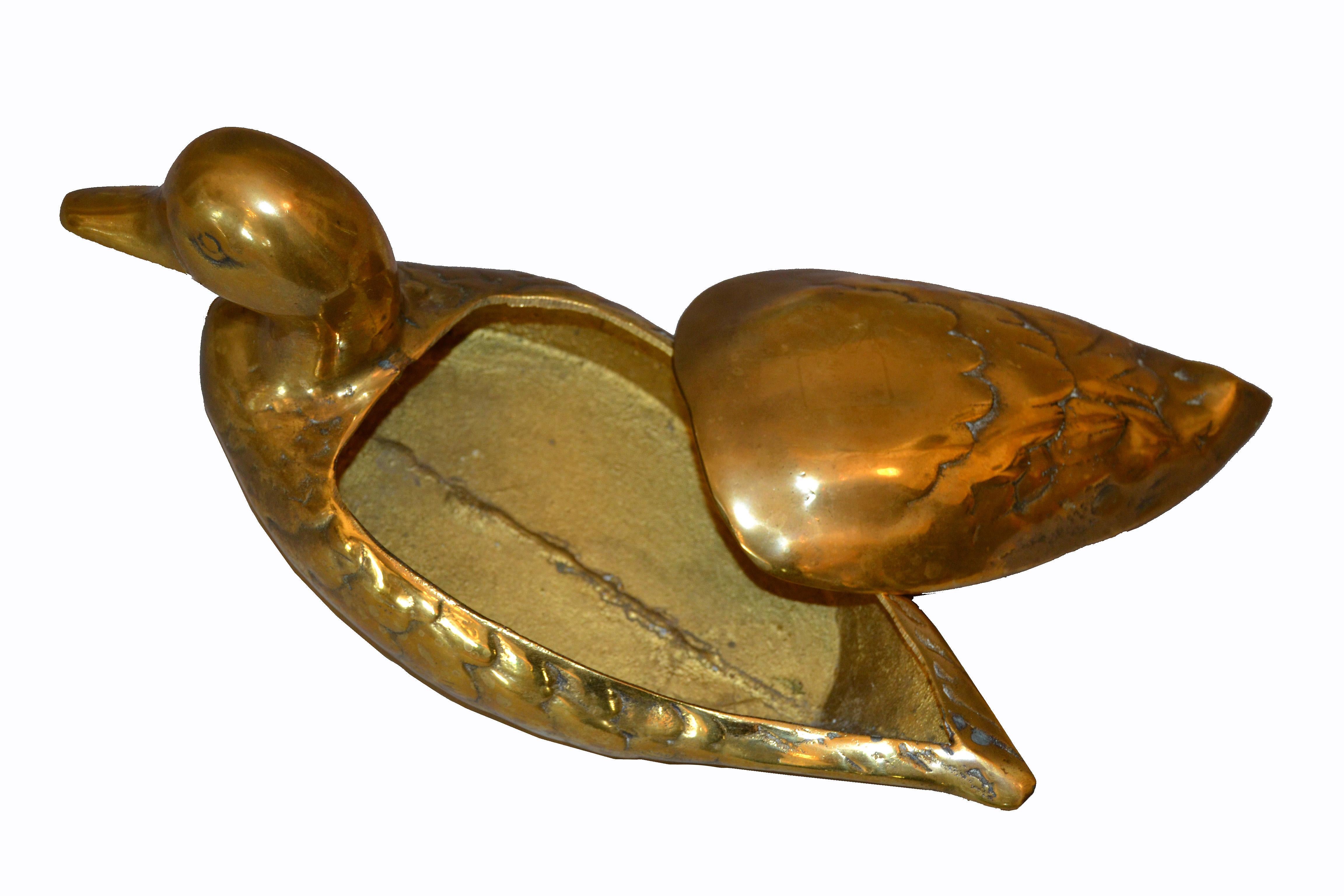 American Decorative Vintage Lidded Cast Brass Duck Box, Jewelry Box, Desk Accessory