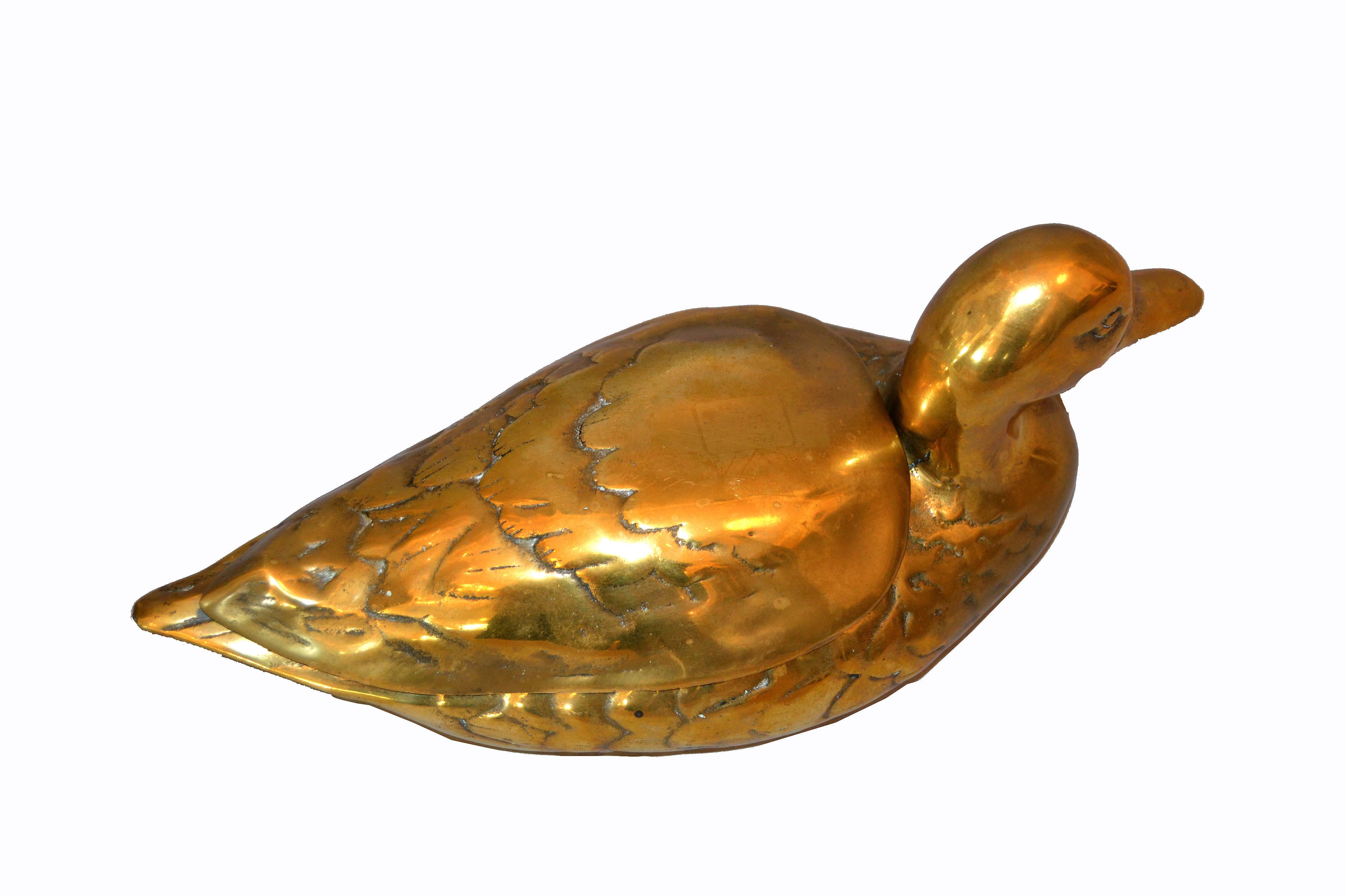 20th Century Decorative Vintage Lidded Cast Brass Duck Box, Jewelry Box, Desk Accessory
