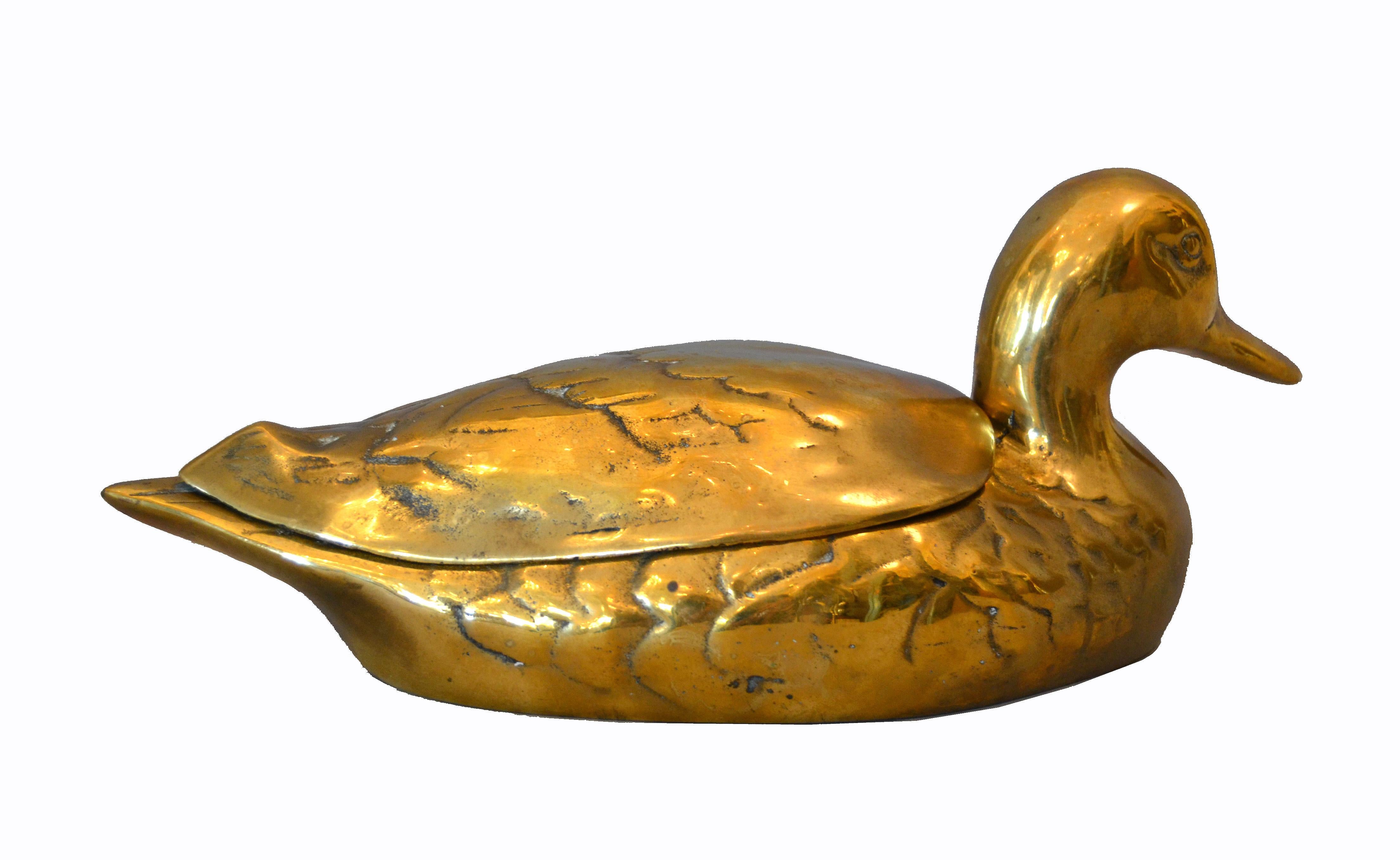Decorative Vintage Lidded Cast Brass Duck Box, Jewelry Box, Desk Accessory 1