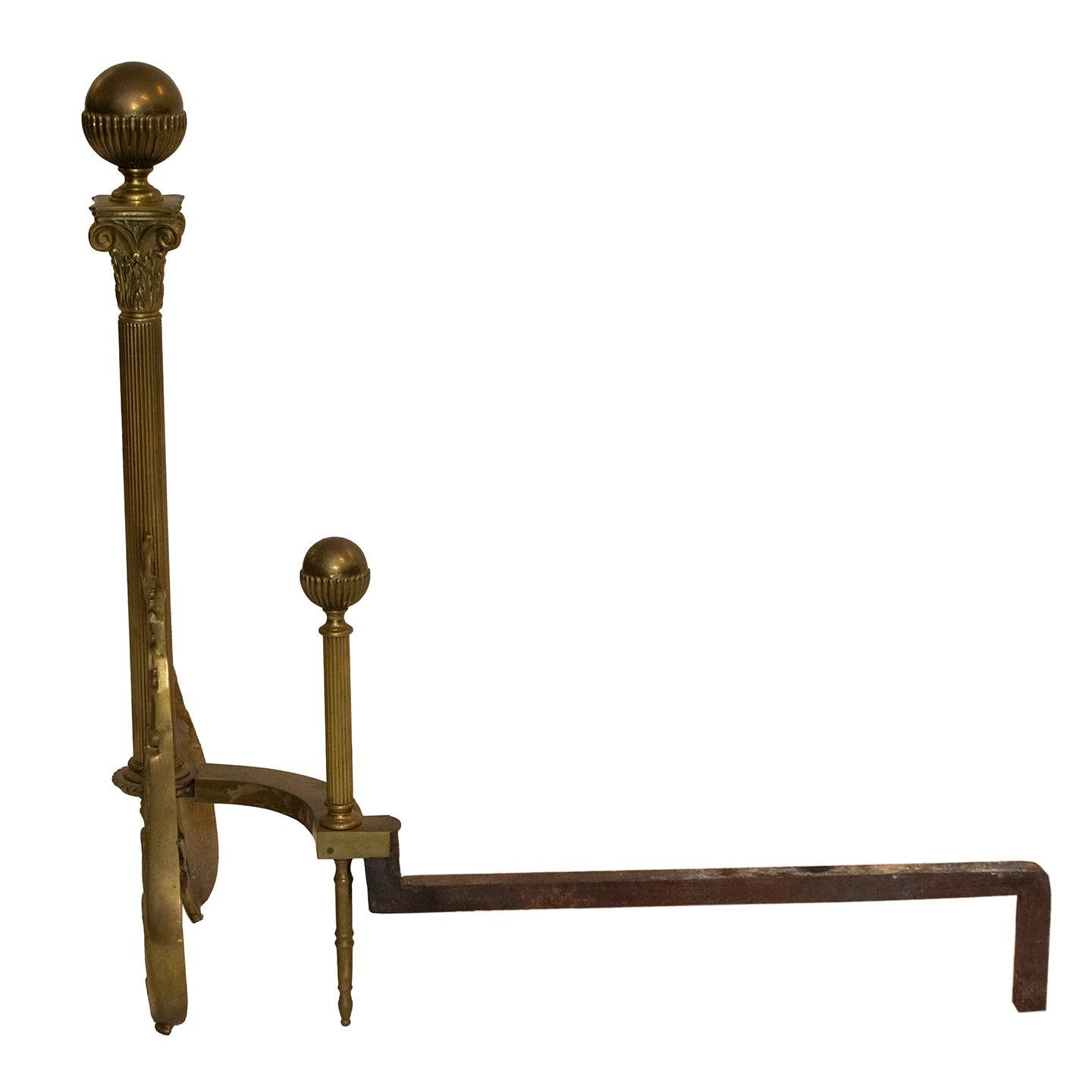 Decorative Vintage Neoclassical-Inspired Brass and Iron Andirons In Good Condition For Sale In Wilton, CT