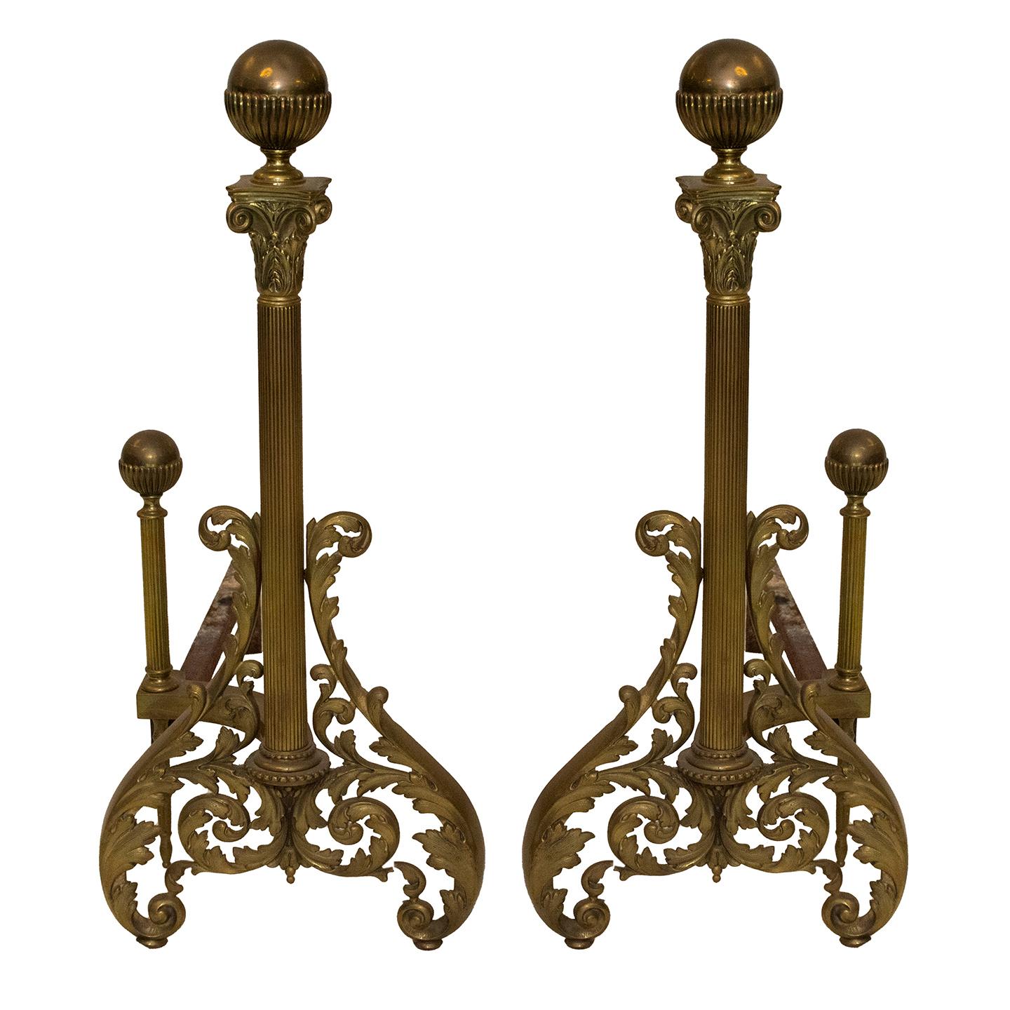 Late 20th Century Decorative Vintage Neoclassical-Inspired Brass and Iron Andirons For Sale