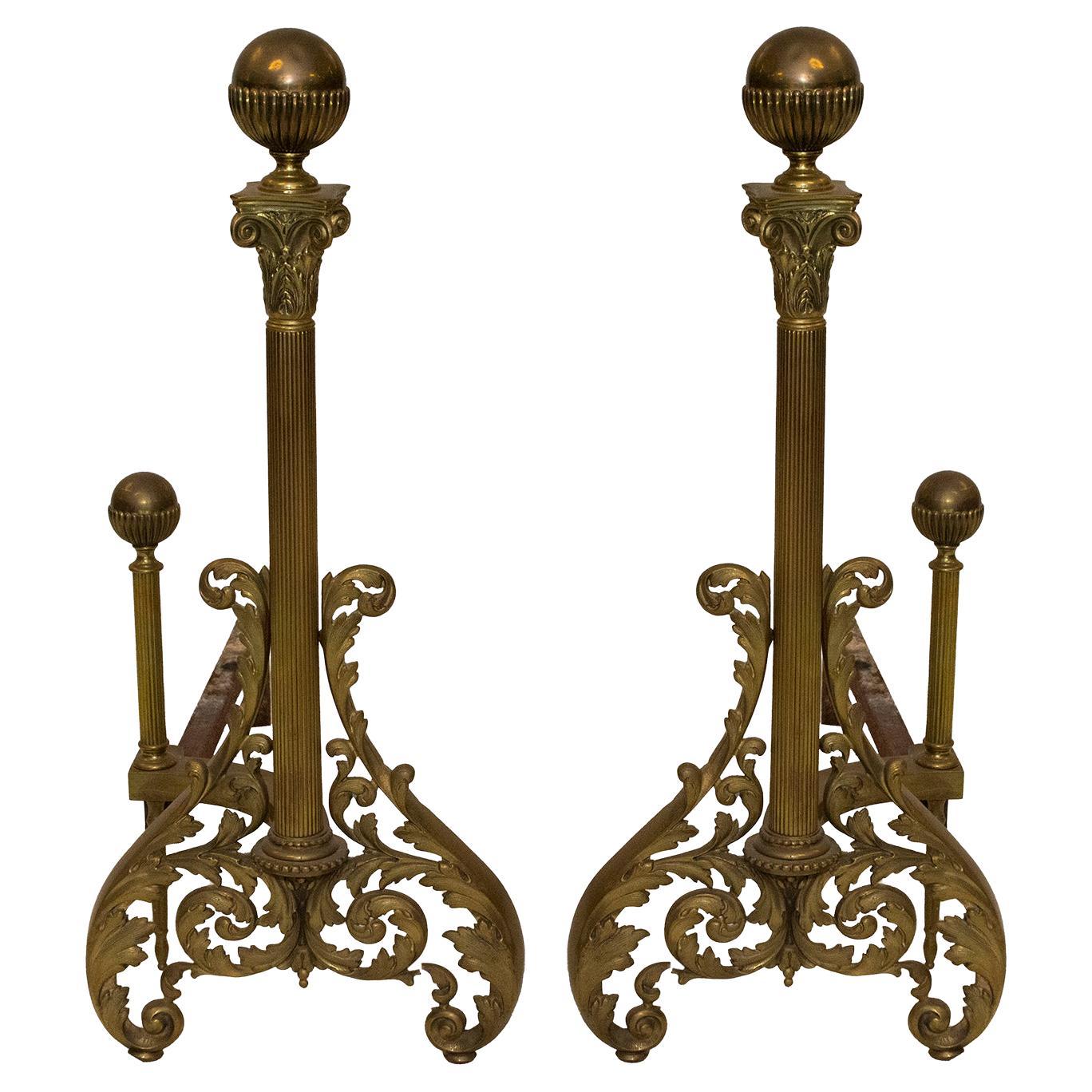 Decorative Vintage Neoclassical-Inspired Brass and Iron Andirons For Sale