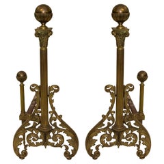Decorative Vintage Neoclassical-Inspired Brass and Iron Andirons