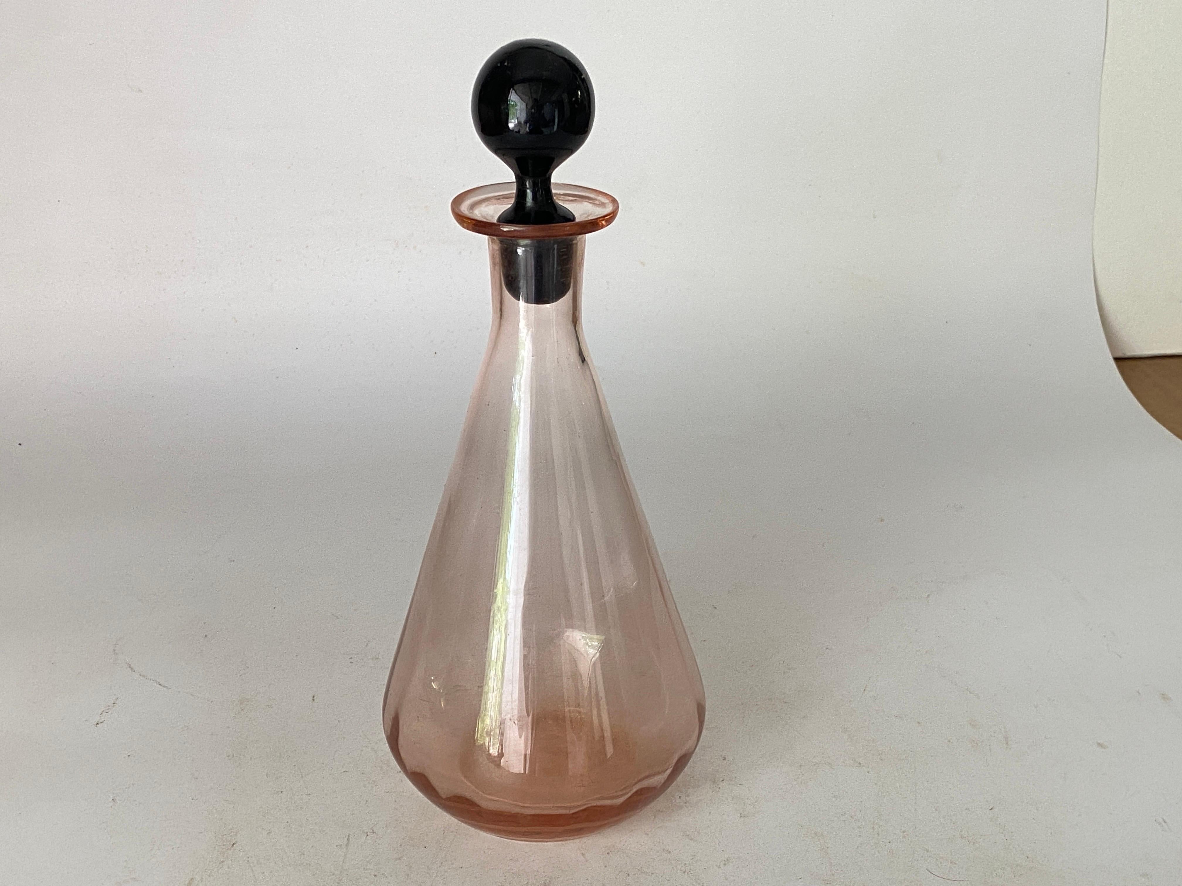 Decorative Vintage Pink Glass Bottle in Glass with Black CAP, France, circa 1940 For Sale 3