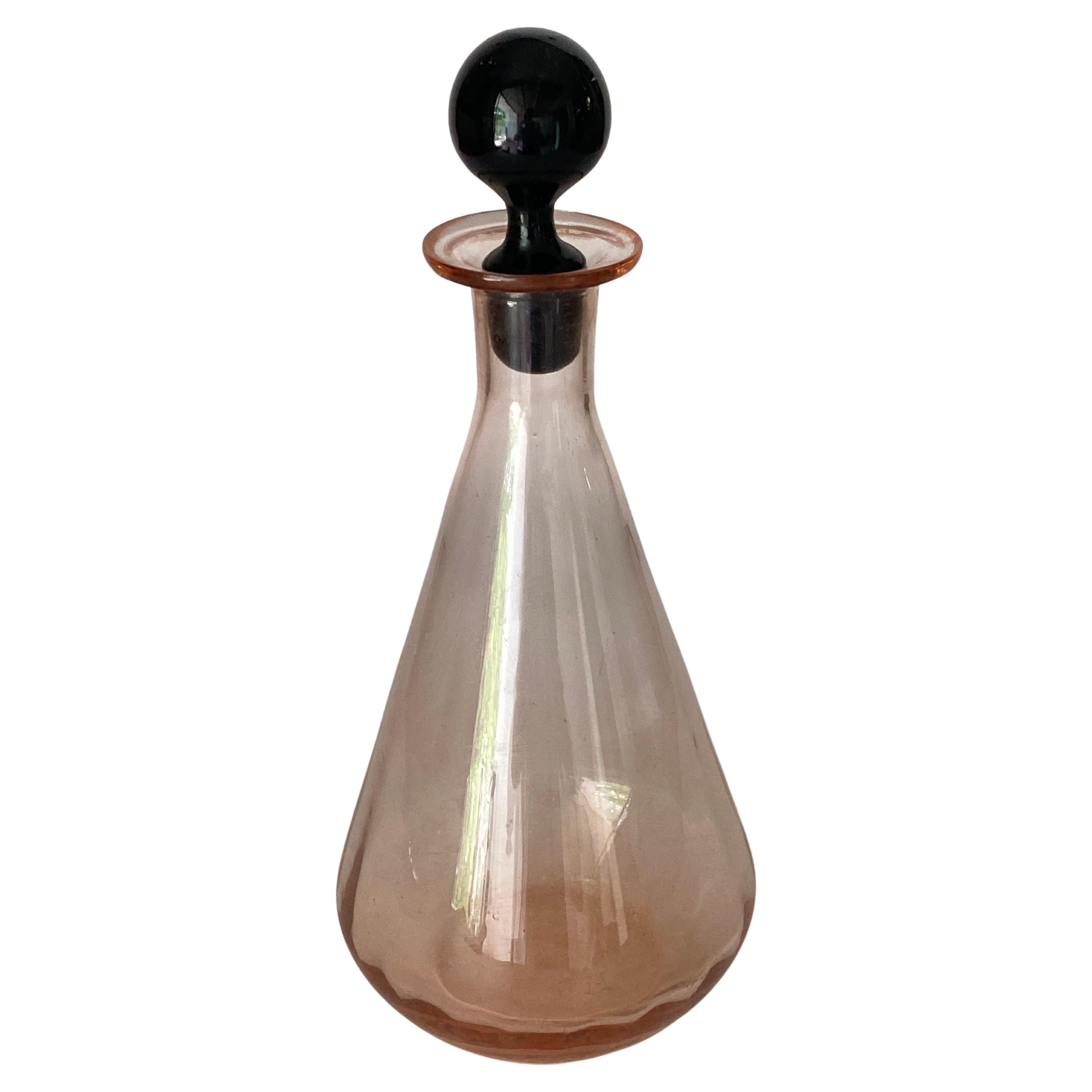 Decorative Vintage Pink Glass Bottle in Glass with Black CAP, France, circa 1940 For Sale