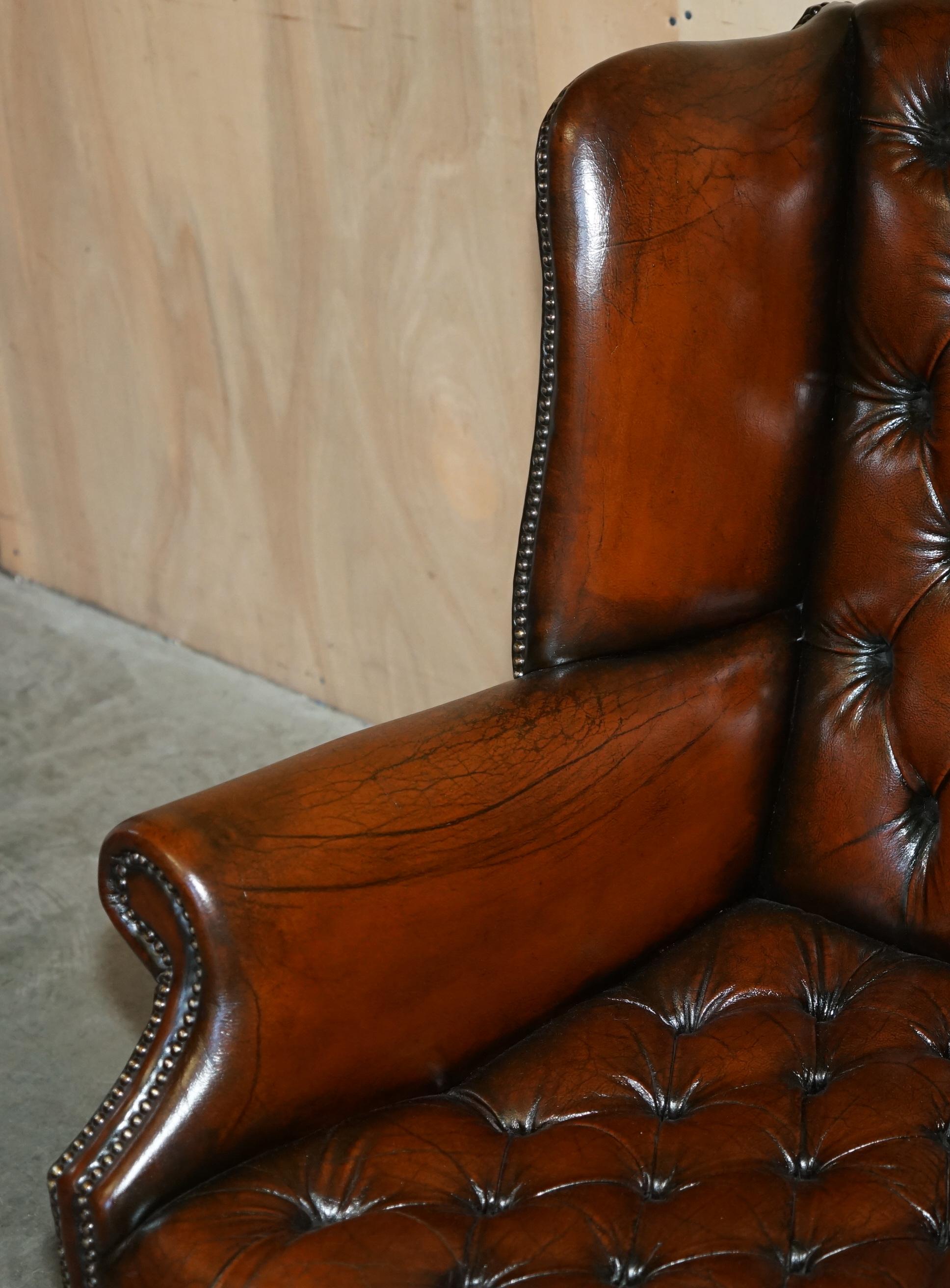 DECORATIVE ViNTAGE RESTORED BROWN LEATHER TUFTED CHESTERFIELD WINGBACK ARMCHAIR 2