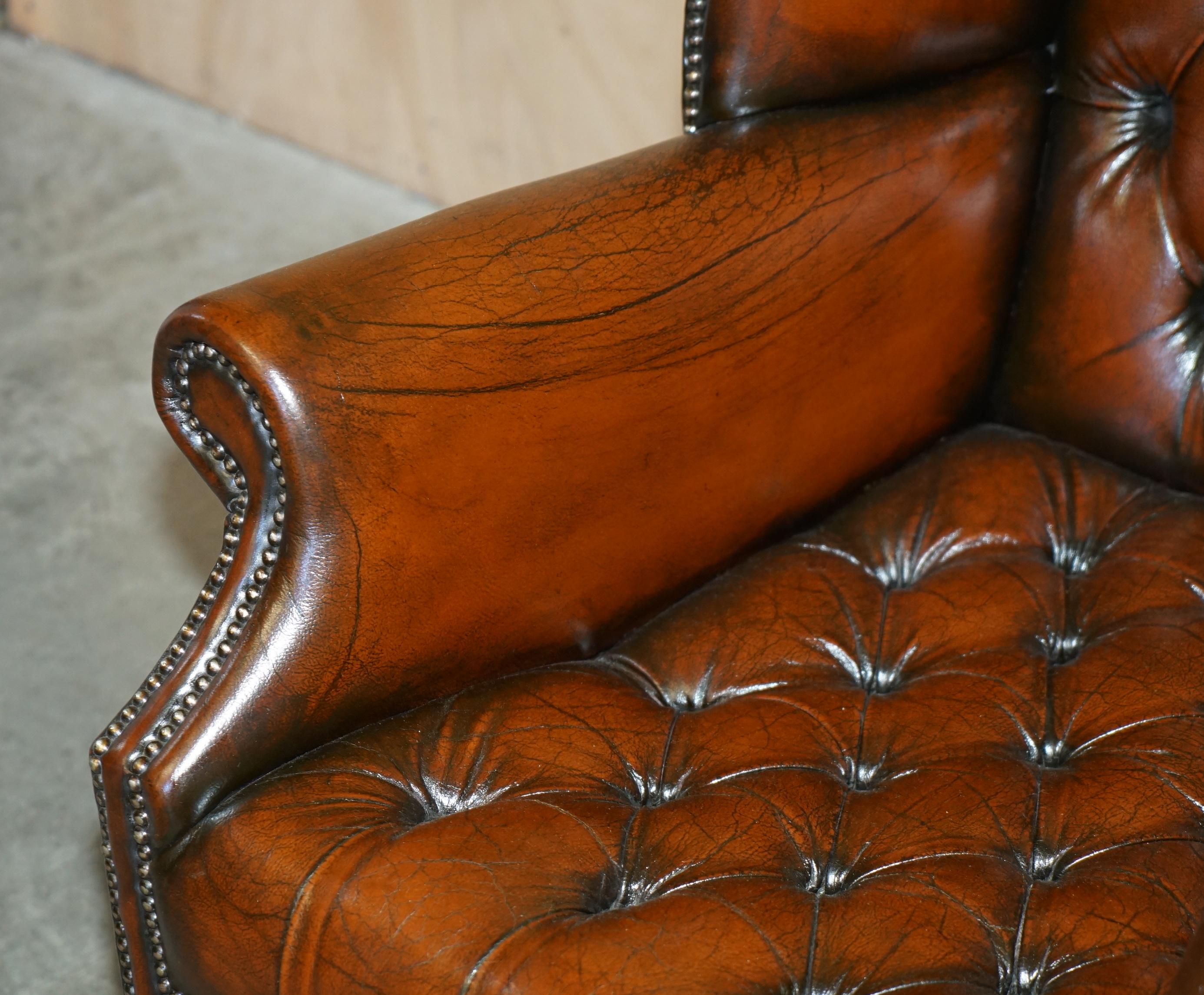 DECORATIVE ViNTAGE RESTORED BROWN LEATHER TUFTED CHESTERFIELD WINGBACK ARMCHAIR 3