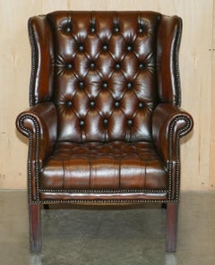 DECORATIVE ViNTAGE RESTORED BROWN LEATHER TUFTED CHESTERFIELD WINGBACK ARMCHAIR