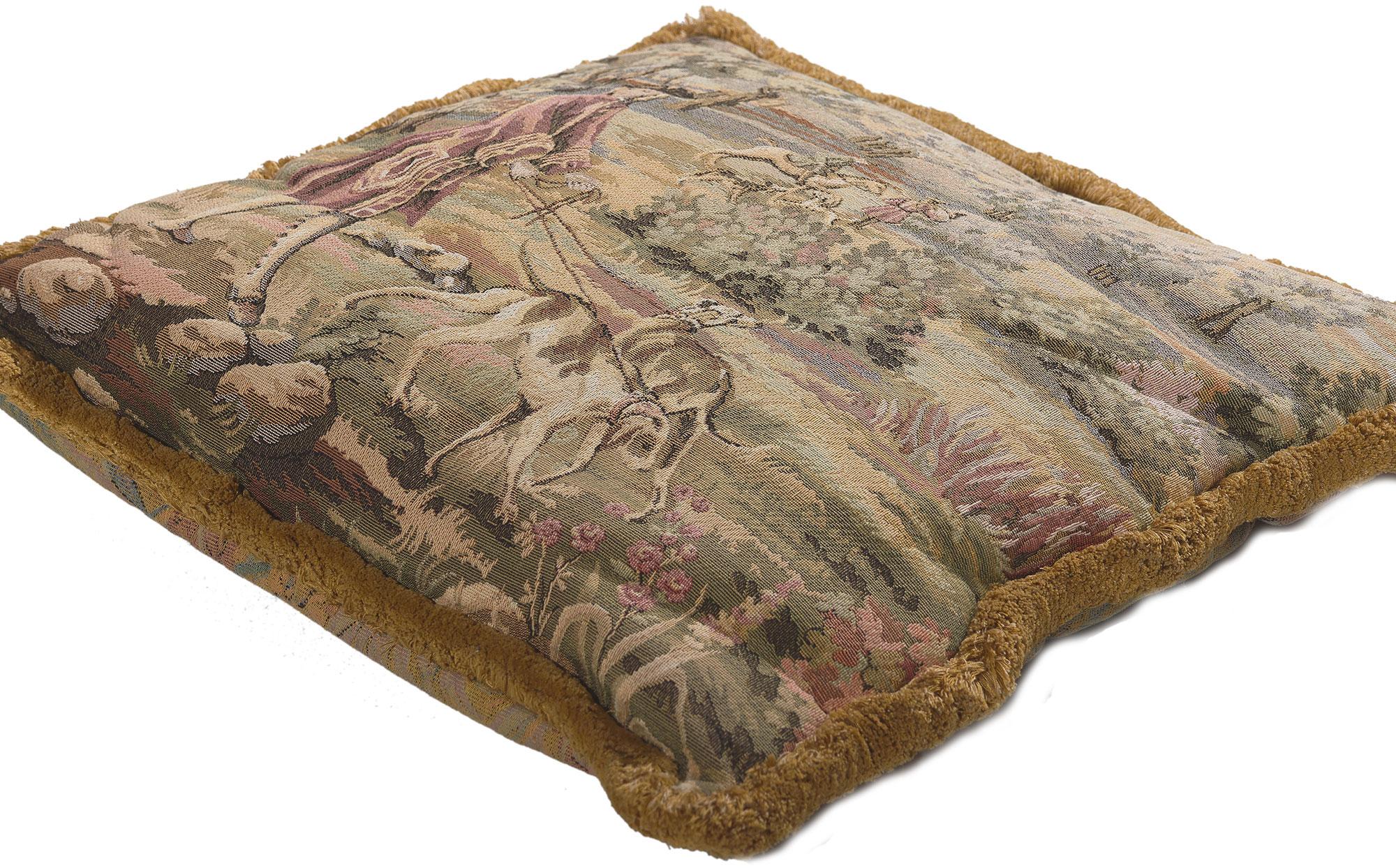78620 Decorative Vintage Tapestry Pillow, 01'05 x 01'05. 
Emanating timeless style of Louis XV with incredible detail and texture, this decorative vintage tapestry pillow is a captivating vision of woven beauty. The Louis XV royal hunting scene and